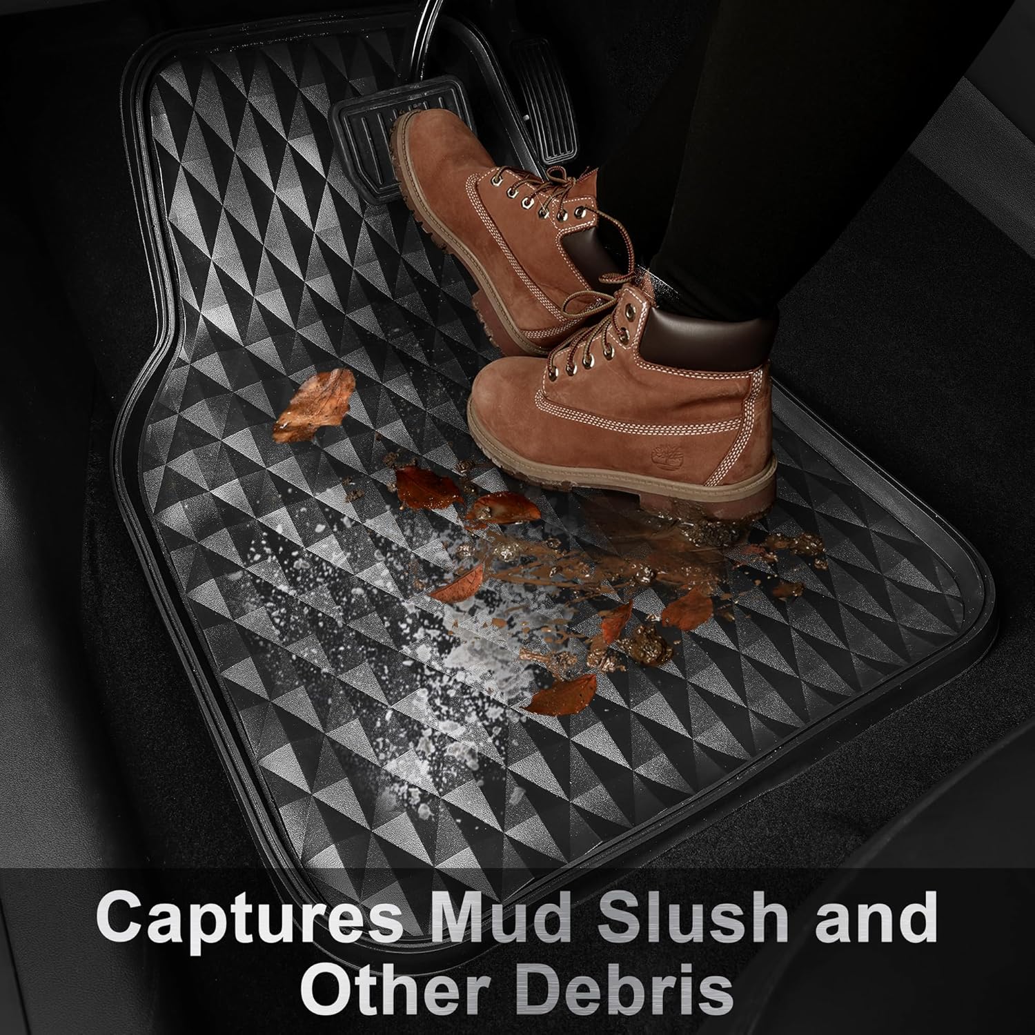 CAR PASS Deep Tray Rubber Car Mats, Heavy Duty All-Weather Floor Mat for Car, Durable Anti-Slip 3D Rhombus Waterproof Car Floor Mats, Universal L~S Fit for Truck SUV Vehicle Automotive, 4 Pieces Black - Image 2