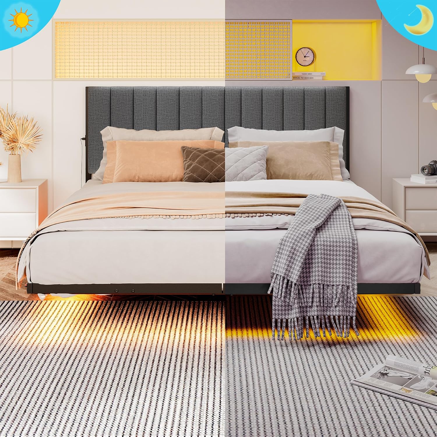 Floating Queen Bed Frame with LED Lights & Charging Station,Modern Metal Platform Bed Frame Queen Size with Upholstered Headboard,No Box Spring Needed,Heavy Duty Steel Slats,Easy Assembly,Noise Free - Image 8