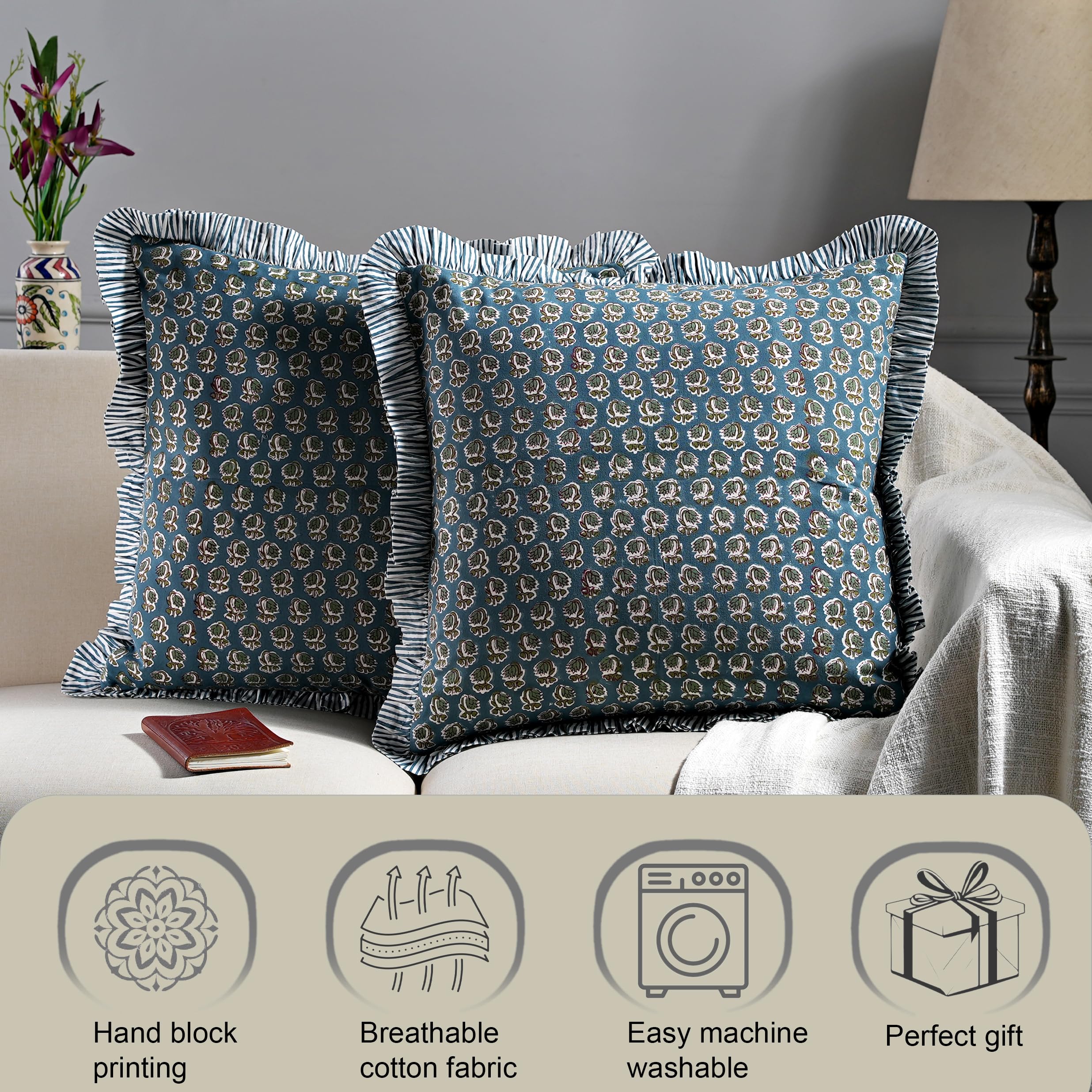 Ridhi Federa per cuscino con stampa a blocchi blu pavone, 50,8 x 50,8 cm, confezione da 2, per divano, letto, soggiorno, decorazione della casa, regalo per primavera, Pasqua, San Valentino