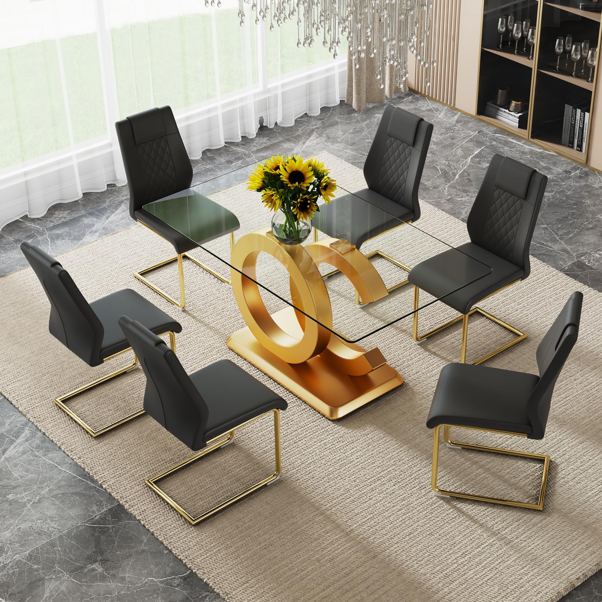 7 Piece Dining Table Set,Glass Dining Table Set for 6,Modern Dining Table and Faux Leather Padded Seats for Kitchens, Living Rooms, Bedrooms (Gold Table-Black Chair A-6)
