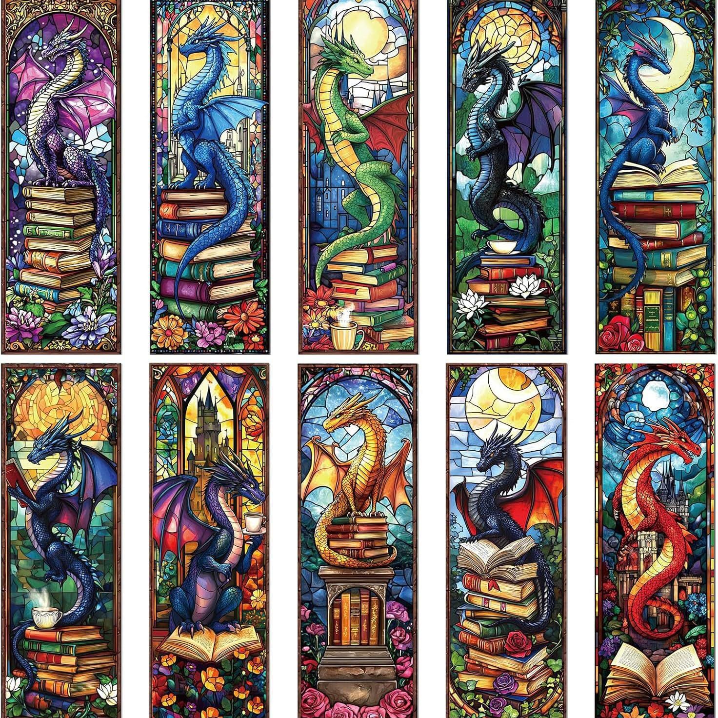 Wasise Dragon Bookmark - Fantasy Dragon Bookmark, Dragons Stained Paper Bookmarks, Gifts for Book Lovers, Books Accessories, Gifts for School Home Office Student Teacher Adult Teen Girls 10ps