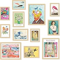 97Decor Eclectic Framed Wall Art Set - Colorful Retro Maximalist Gallery Prints in Beige Wood Frames for Bedroom Decor (12pc Set)