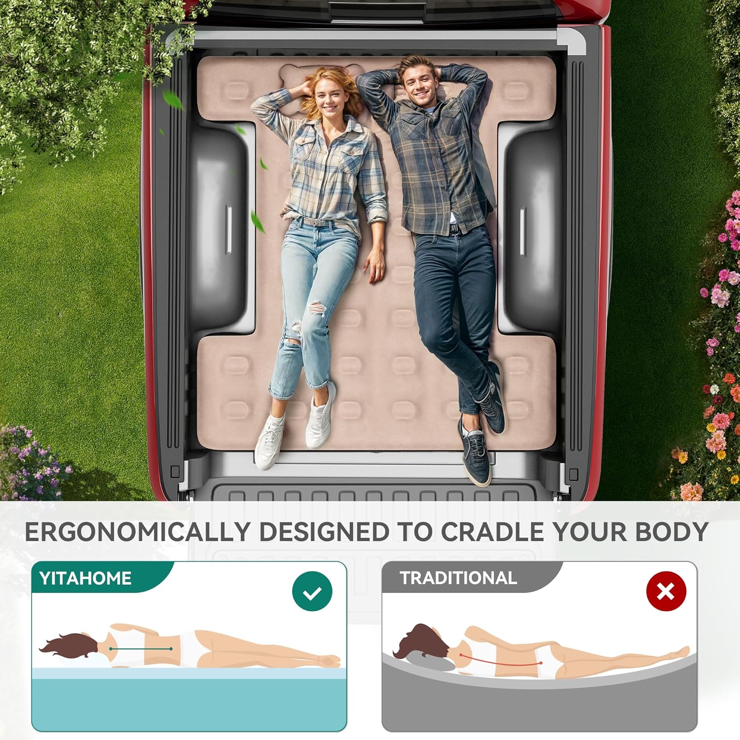 YITAHOME Truck Bed Air Mattress for 5.5-5.8 ft Full-Size Short Truck Beds, Inflatable Car Mattress Bed with Pump, Pillows, Carry Bag & Repair Kit for Outdoor, Travel, Camping (Black&Brown)