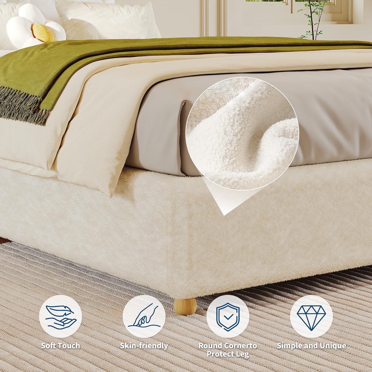 Garvee Twin Cloud Bed Frame, Corduroy Soft Fabric Low Bed Frames with Solid Wood Round Legs, Twin Size Platform Bed Without Headboard, No Box Spring Needed, Noiseless, Beige