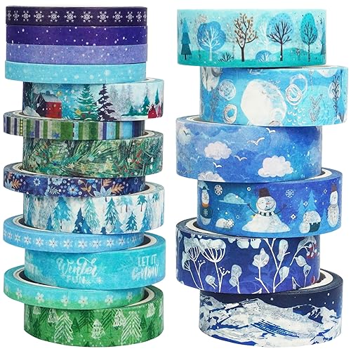 YUBX Juego de 19 rollos de cinta washi de invierno, adornos de nieve delgados, color azul y plateado, cintas adhesivas decorativas para artes,