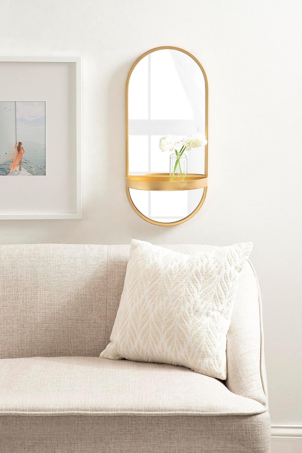 Kate and Laurel Estero Modern Metal Oval Mirror with Rounded Shelf; 11 x 25; Gold; Decorative Modern Glam Capsule Shelf Mirror for Storage and Display