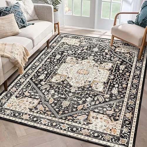 Miniatura 22 de MUJOO Alfombra Pequeña Negra Lavable, Alfombras Boho para Baño, Entrada, Dormitorio, Tapete de Puerta Delantera de Felpa Suave, Vintage Negro y