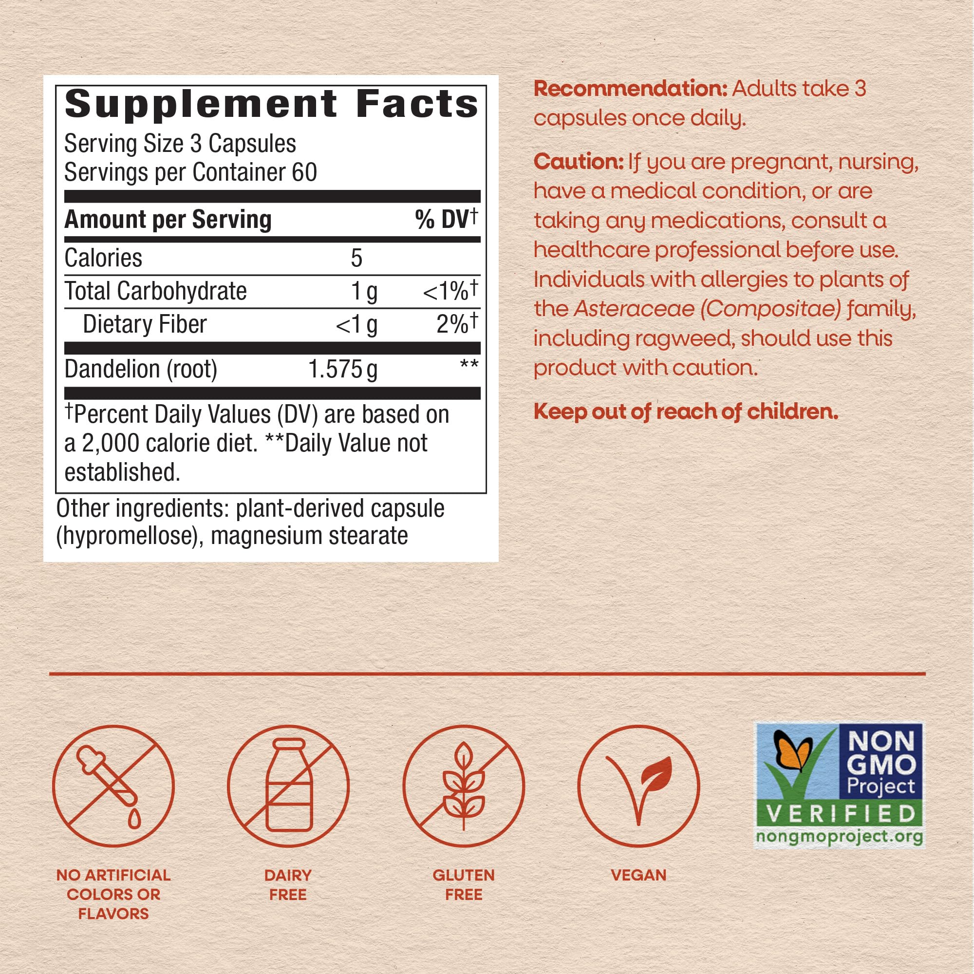 Nature's Way Dandelion Root Capsules, 1,575 mg per Seving, 180 ct — Amazon image 6