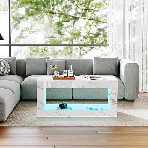 Miniatura 4 de Mesas de centro para sala de estar, moderna mesa central con estampado de mármol de alto brillo con almacenamiento abierto y luces LED, elegante