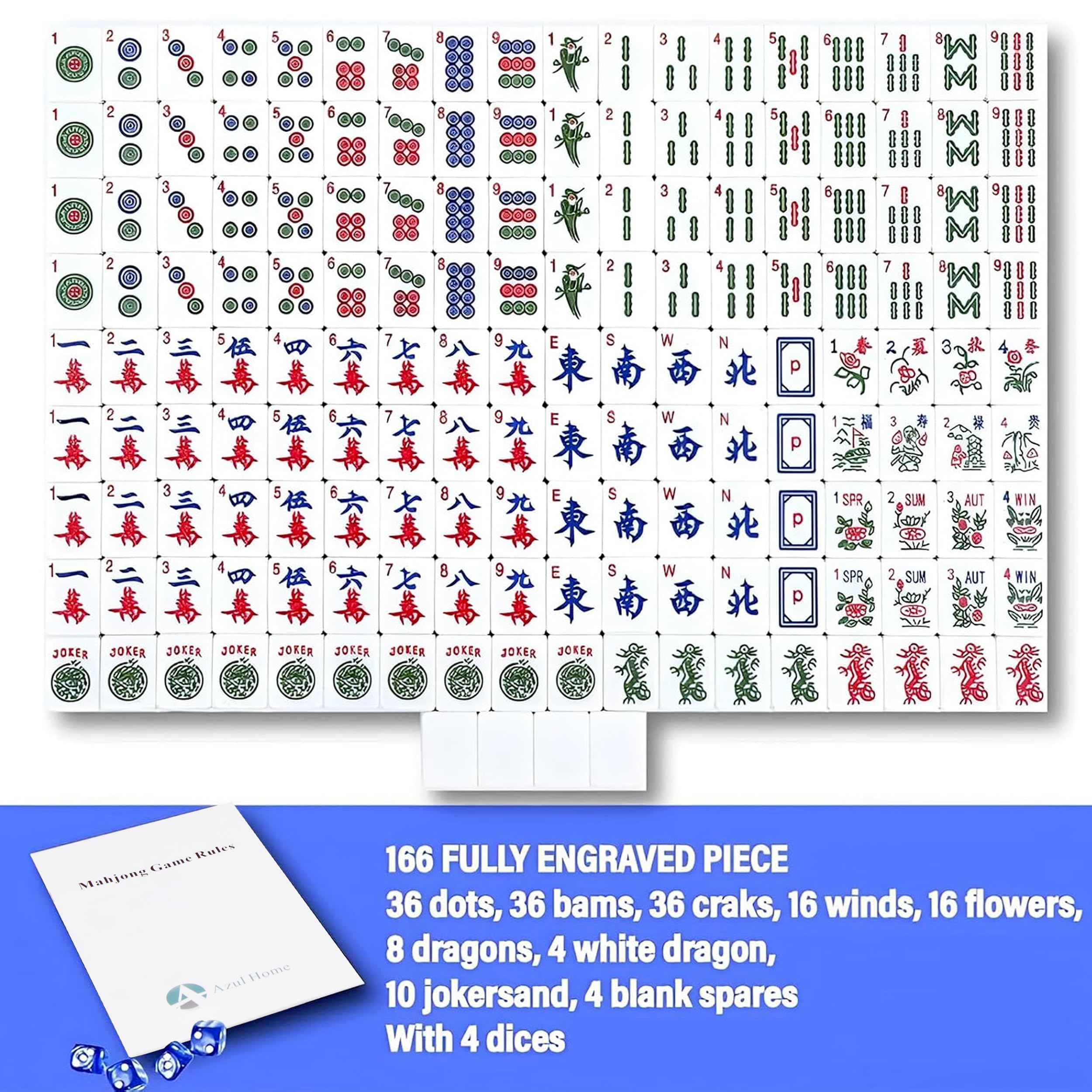 American Mahjong Game Set, 166 Premium Pink Melamin Fliesen (3.6cm), 4 Würfel, 80 Pokerchips, Aufbewahrungstasche, Medium Mah Jongg Spielsteine Set