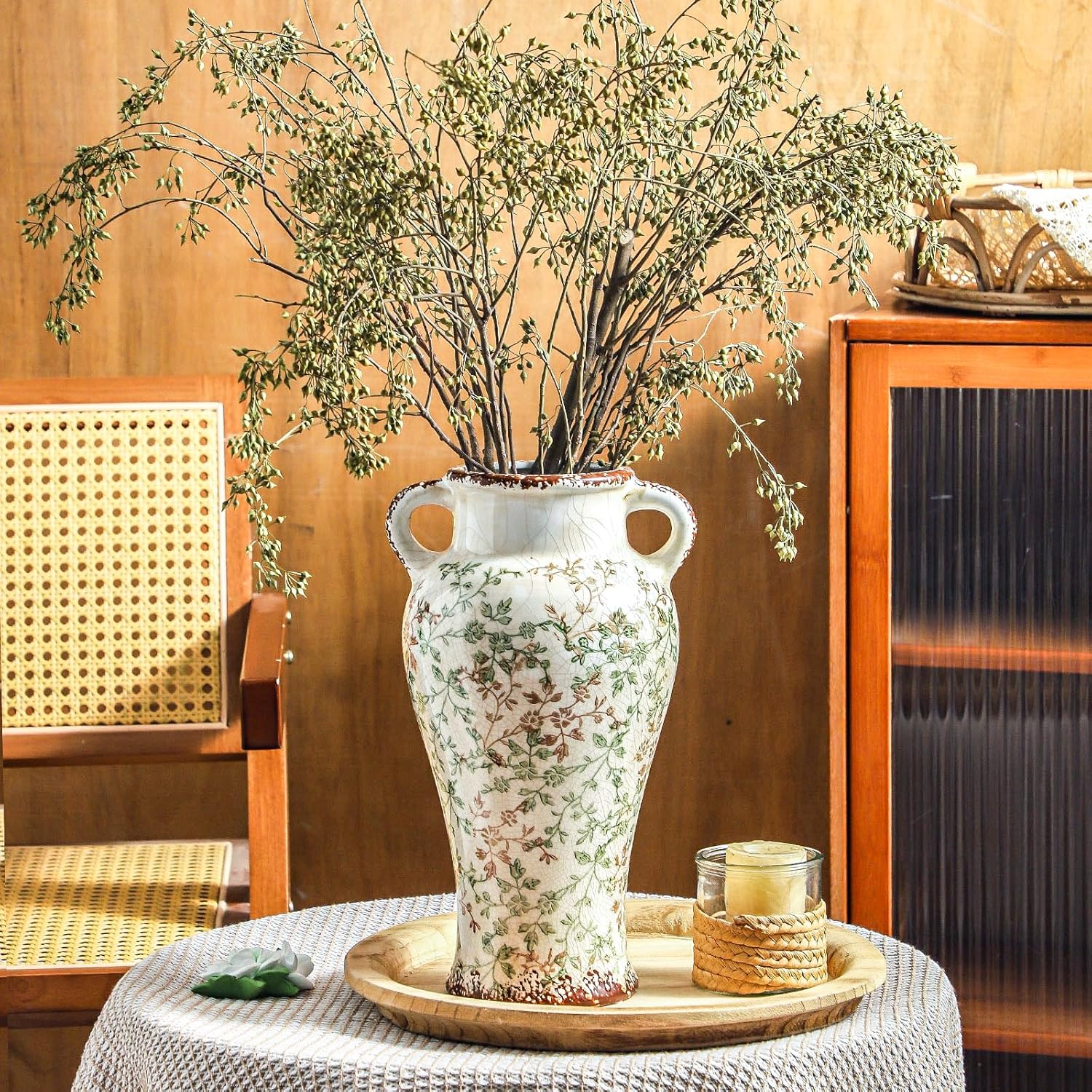 Enra 12.6" Farmhouse Ceramic Vase with Double Handles, Chinoiserie Green Beige Floral Vase, Large Vintage Rustic Vase for Home Decor Living Room Centerpiece, Housewarming Wedding Gift
