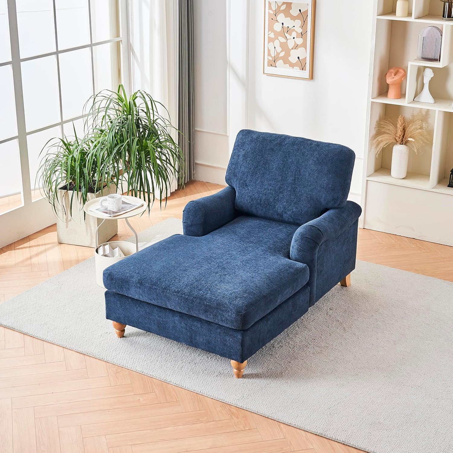Ball & Cast 37.4" Mid-Century Oversized Chaise Lounge Chair,Upholstered Sleeper Sofa with Adjustable Backrest and Wood Legs, Comfy Recliner for Living Room, Bed Room, Office, Easy Assembly,Blue