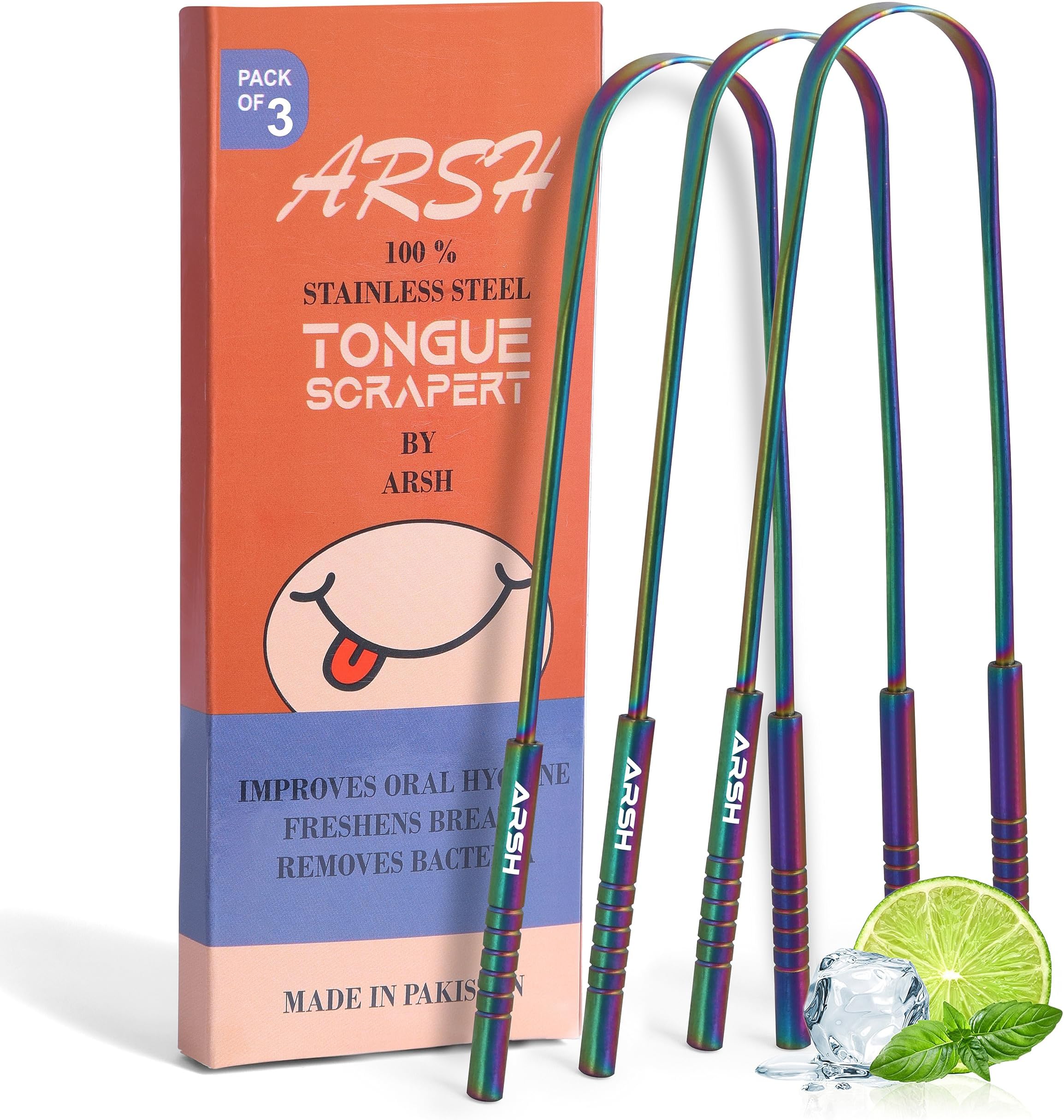 Arsh Tongue Scraper for Adults Stainless Steel Tongue Cleaner for Oral Care & Hygiene Tongue Cleaner for Men and Women Tongue Scrubber for Reduce Bad breath100% Metal Tongue Cleaners (3 Pack Multi)