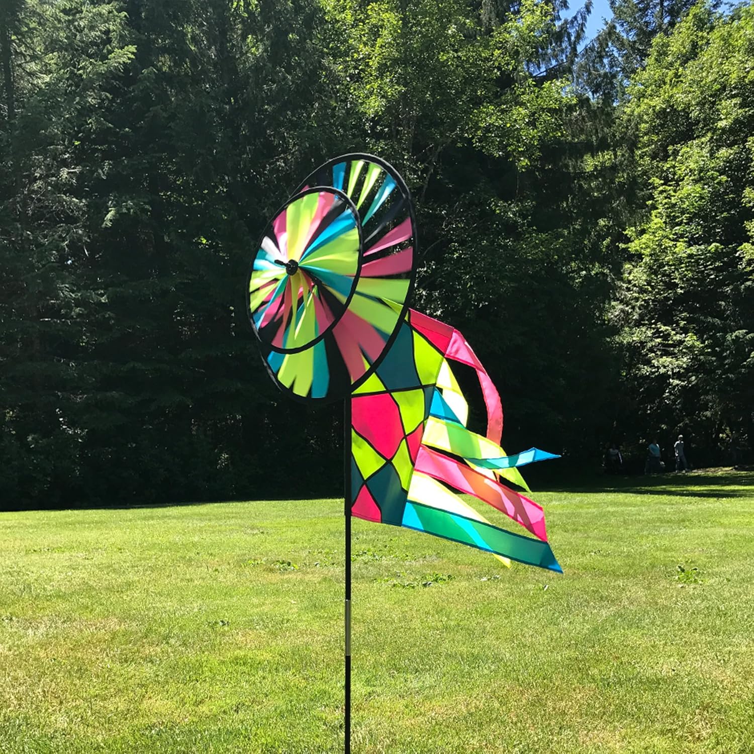 In the Breeze Neon Colorblock Spinner Wheels with Garden Flag and Tails - Ground Stake Included - Colorful Décor for Your Yard and Garden,2730