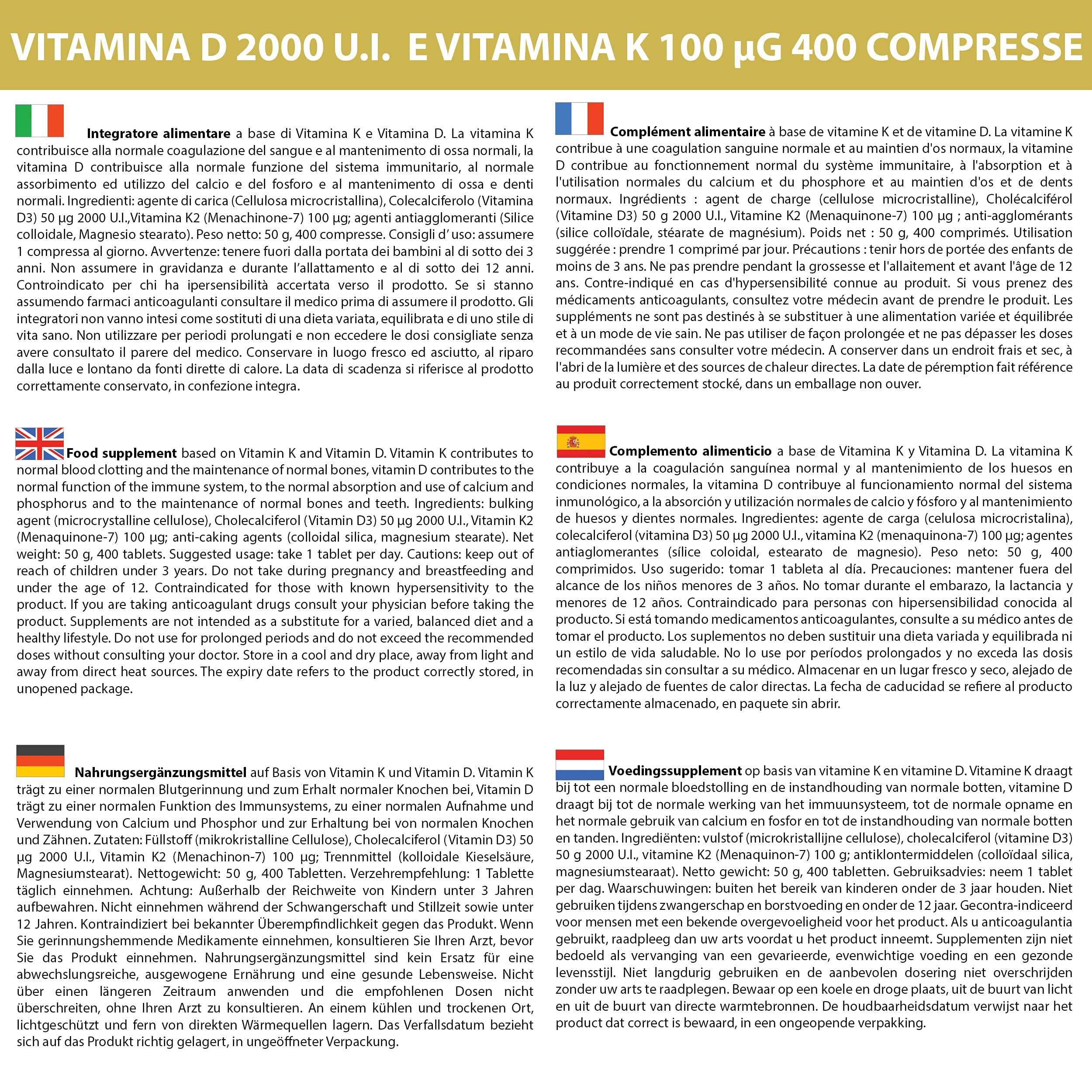 Vitamine DK 4000 Compresse 1 al giorno | D3 2000 U.I. da Lichene K2 100 µg da Natto| Non di origine animale | Sistema Immunitario Ossa e Denti LA BOTTEGA DEGLI INTEGRATORI