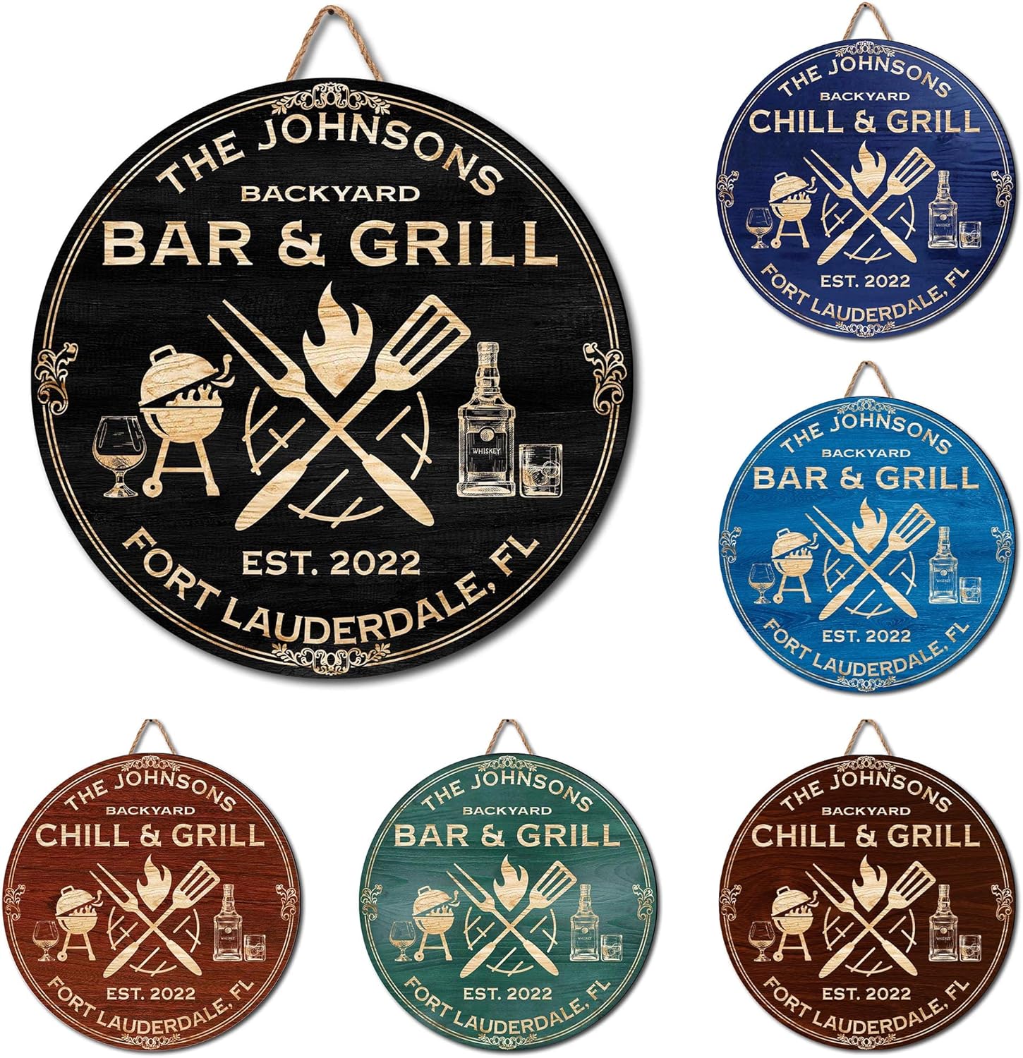 V VIBEPY All Over Printed Signs, Personalized Backyard Chill & Grill Signs, Welcome Bar Signs, Bar Grill Signs 8",12",18" Black Color Wood Signs, Welcome Signs, Door Signs, Poolside Signs, Pool Signs