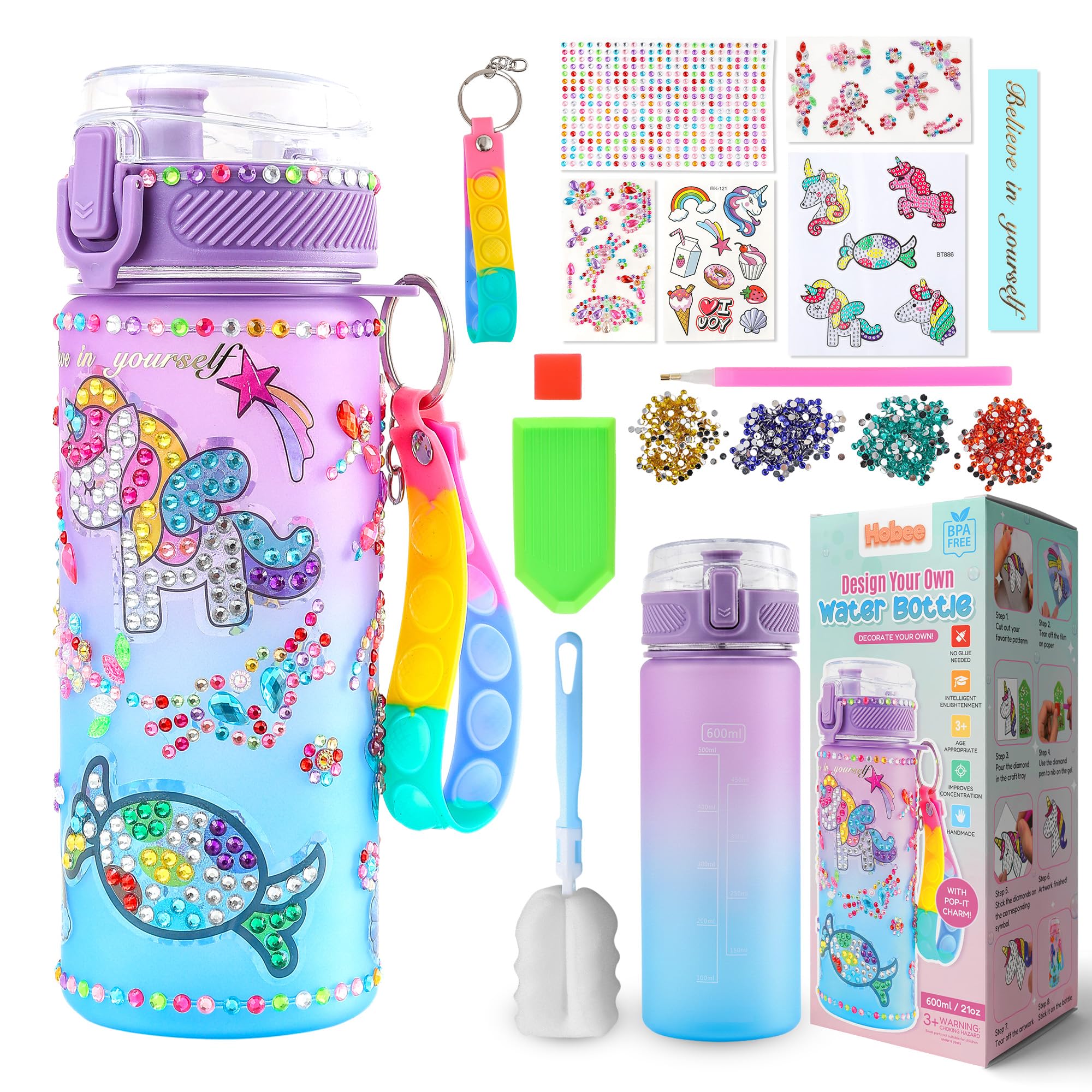 Hobee Decorate Your Own Water Bottle for Girls - Purple Unicorn Themed Arts and Crafts Kit for Kids- With Stickers and Sparkles - Crafty Girls Gifts Presents, BPA Free — image 1