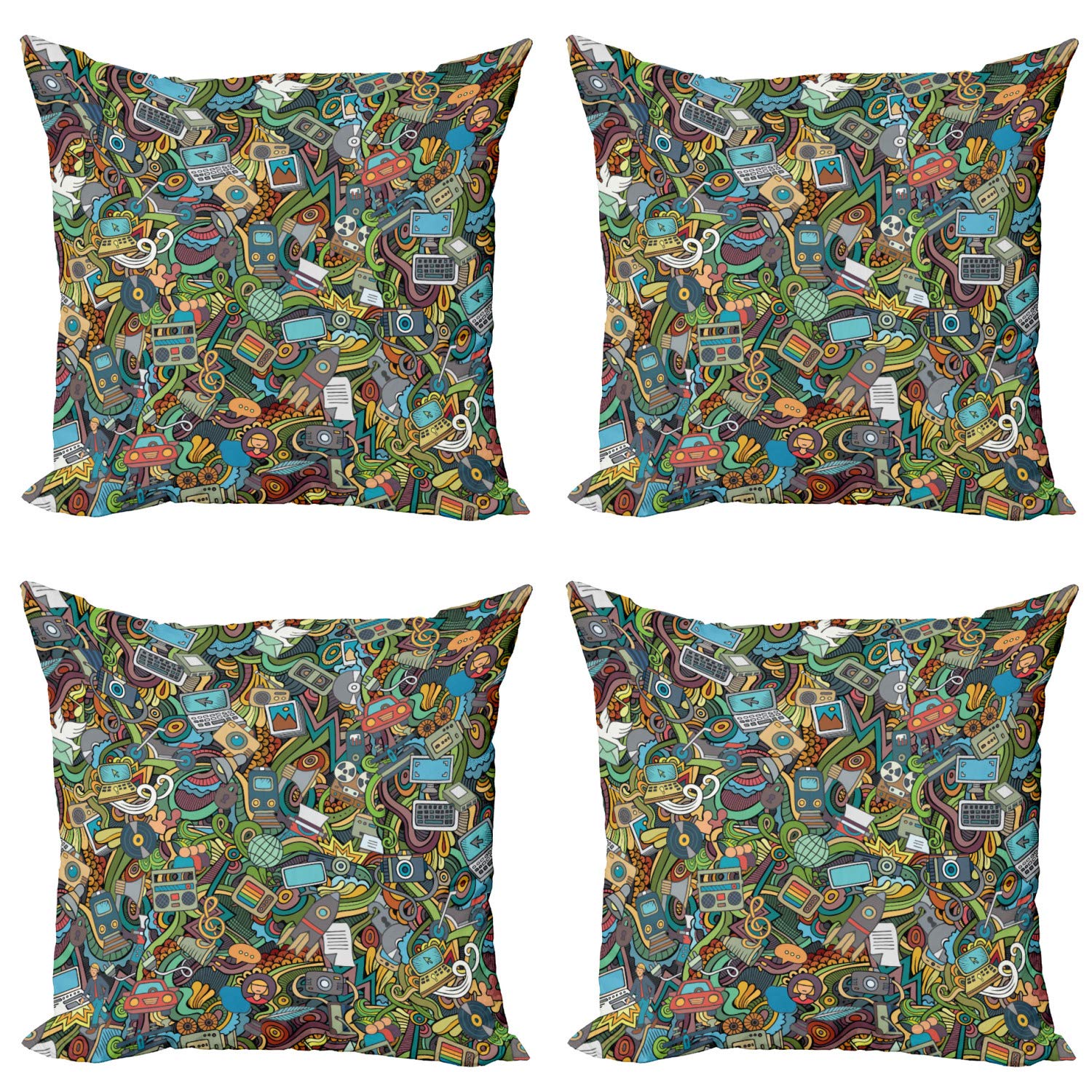 ABAKUHAUS Hipster Throw Pillow Cushion Case Pack of 4, Social MediDevices, Modern Accent Double-sided Digital Printing, 60 cm x 60 cm, Multicolor