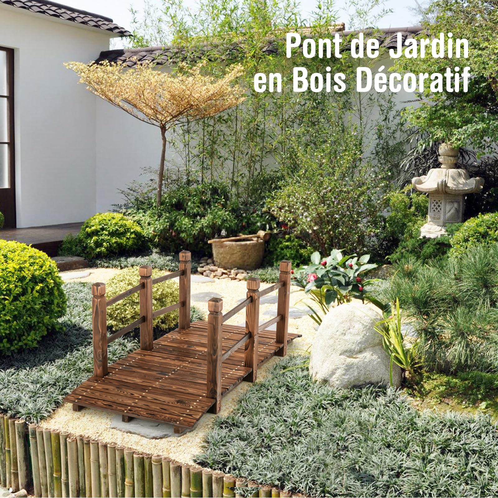 COSTWAY Pont de Jardin en Bois de Sapin Carbonisé Charge Maximale 150KG, Pont sur Étang 150 x 67 x 55 cm avec Double Garde-Corps de Sécurité, Décoration du Jardin pour Patio Cour (Marron foncé)