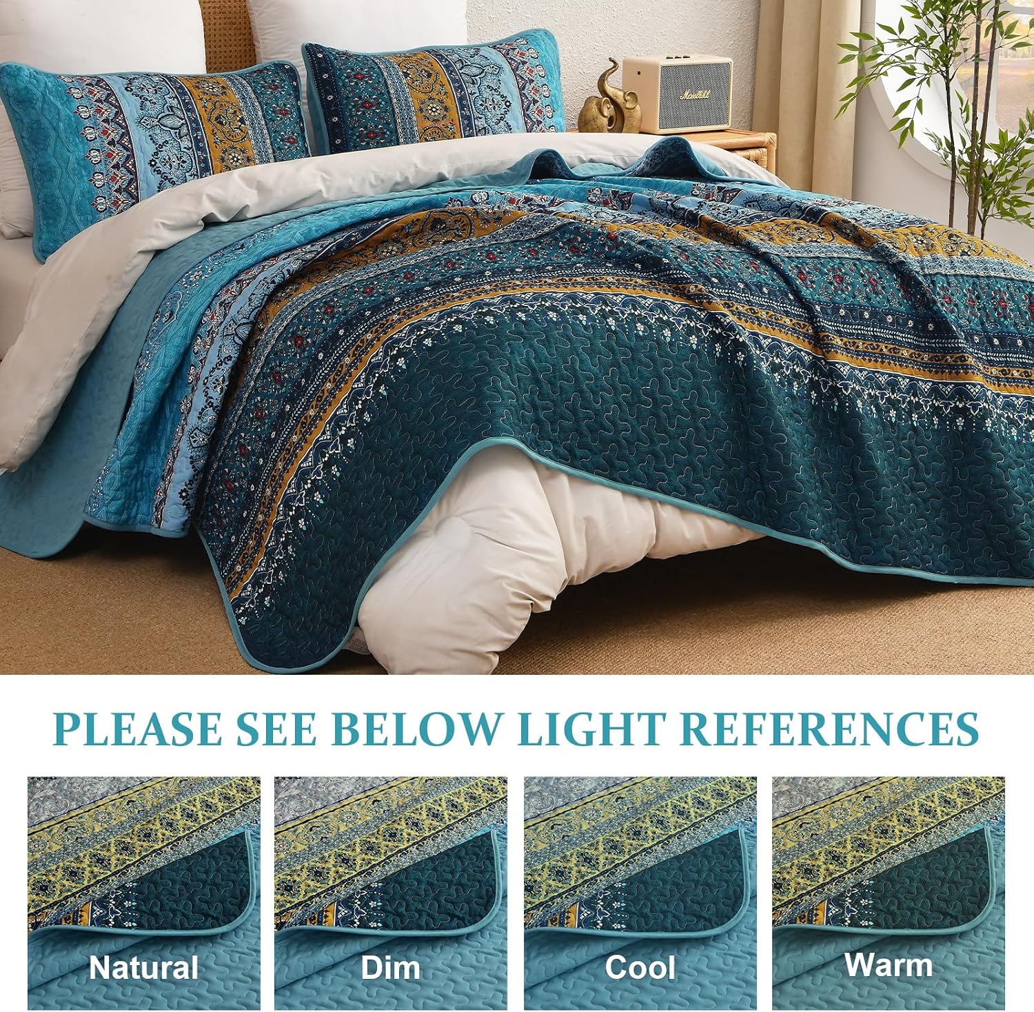 WONGS BEDDING Boho Quilt Set Queen Size, Bohemian Striped Bedspread Coverlet Set with 2 Pillow Shams, Teal Quilt Bedding Set for Farmhouse Bedroom (Queen, 96"x90")