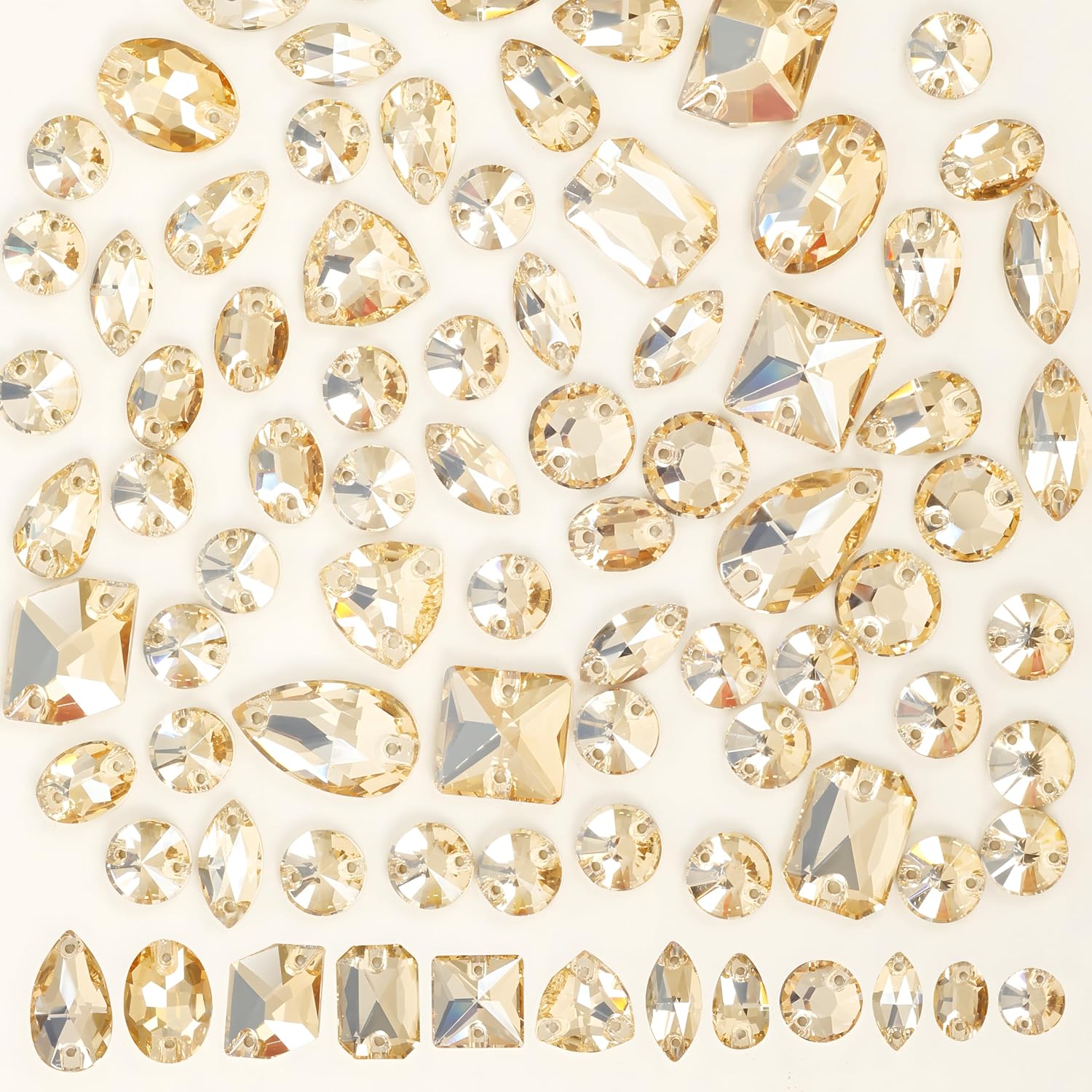 70Pcs Sew on Rhinestones Crystal Gold Mixed Shapes Flatback K9 Glass Rhinestones Sew on Crystal Gems with 2 Holes for Crafts, Clothes, Costumes, Dress, Hat, Shoes