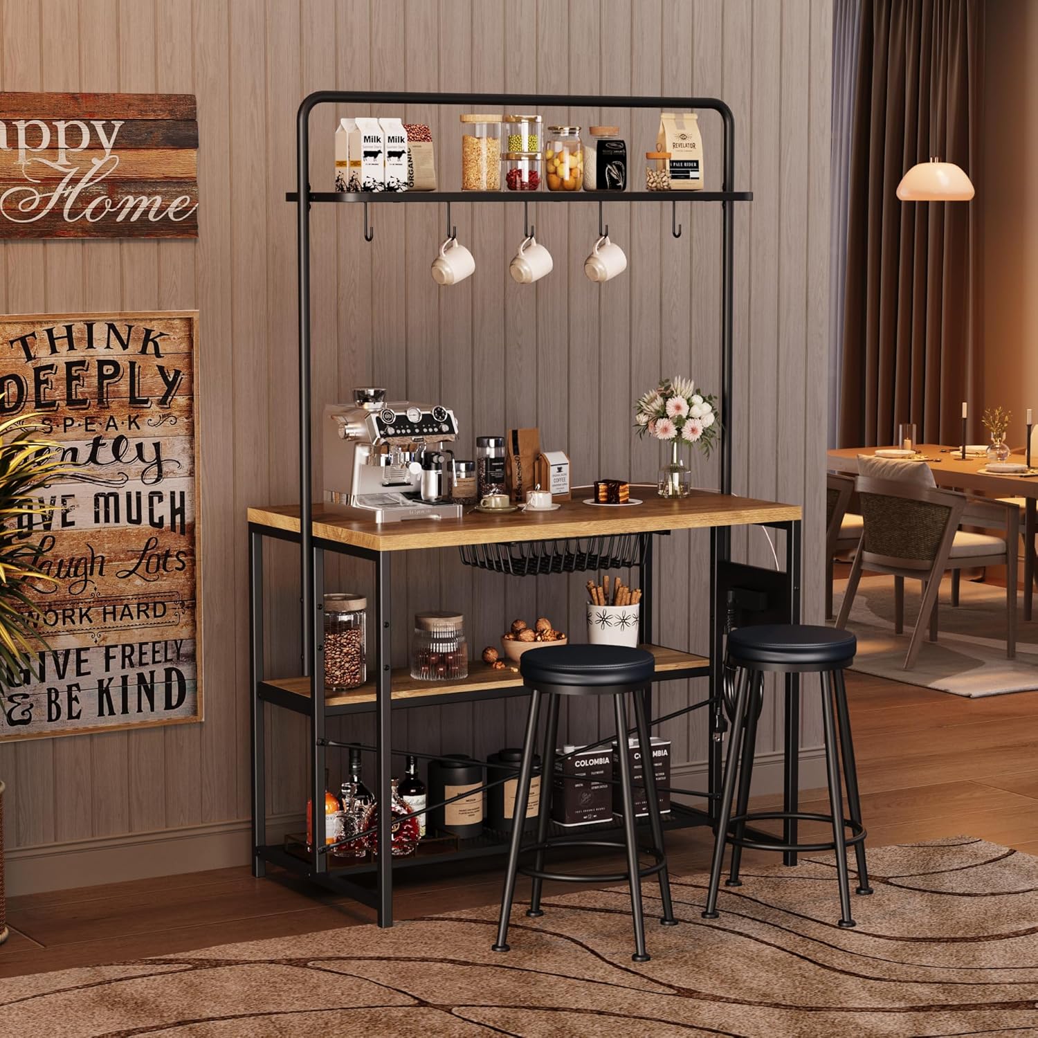 Garvee Kitchen Island with Power Outlet and 2 Bar Stools