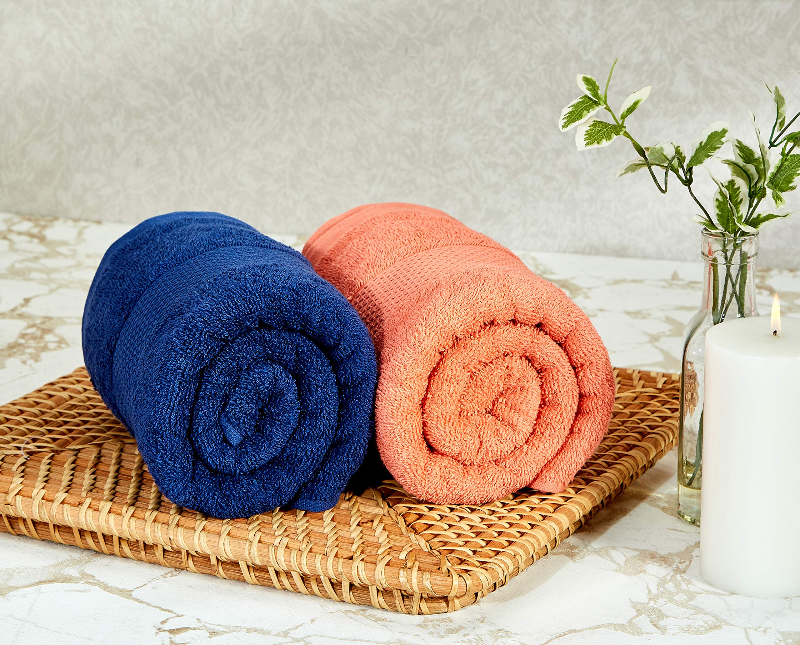 Amazon Brand - Solimo Cotton 2 Piece Bath Towel Set, 380 GSM (Twilight Blue, Coral Pink) 1