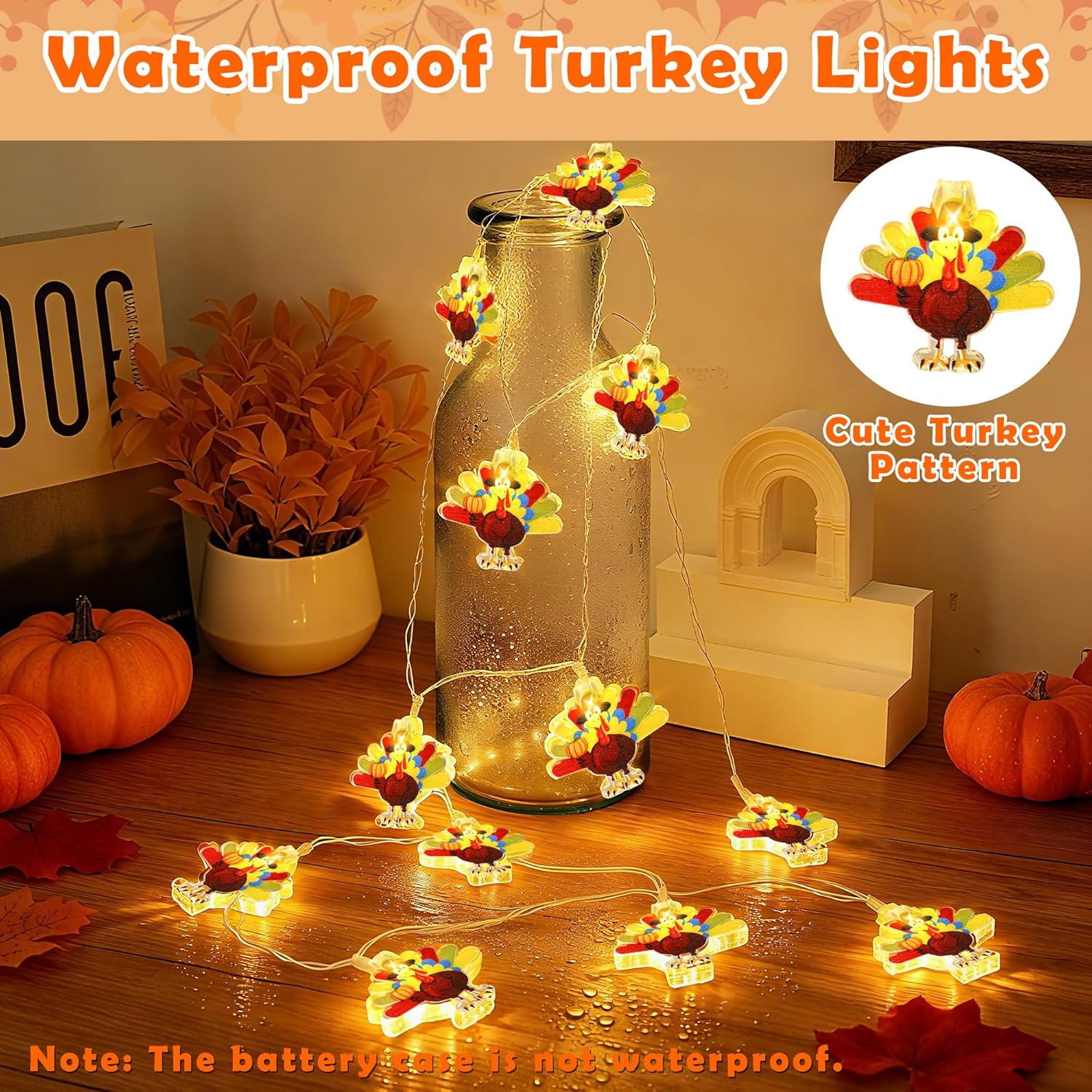Mosoan [Timer] Thanksgiving Turkey Lights Thanksgiving Decorations Lights, 10Ft 20LED Battery Operated Turkey Thanks Giving String Lights Decorations Indoor Outdoor Home Fall Decor - Image 4