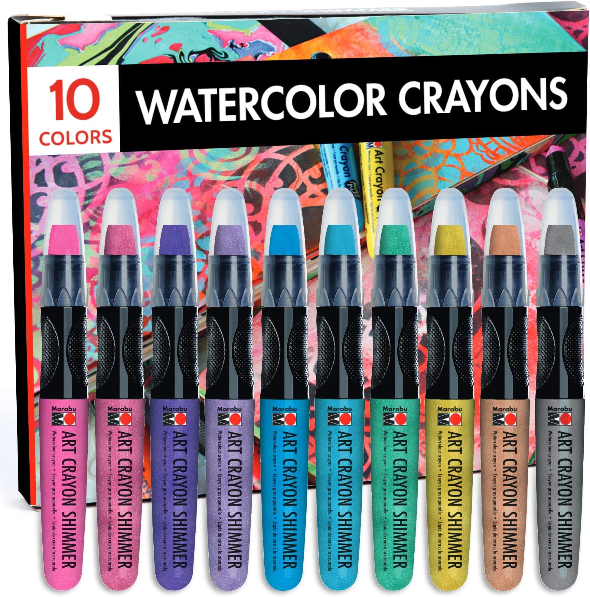 Art Crayons Shimmer Set - 10 Highly Pigmented Metallic Watercolor Crayons - Smooth and Easy Blending Water Soluble Crayons for Mixed Media Artists - Arts and Crafts for Adults