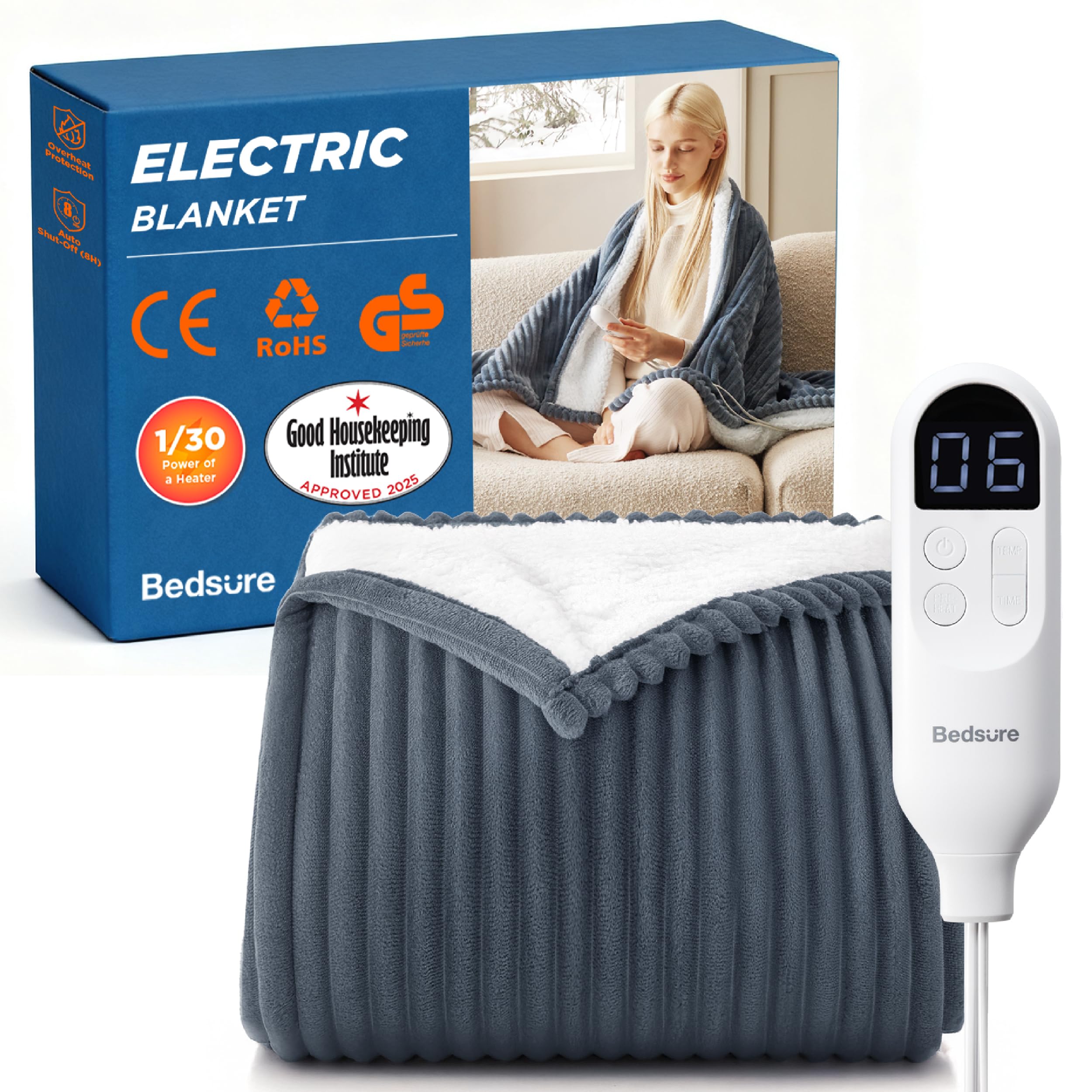 Bedsure Heated Blanket Electric Throw, Ribbed Flannel Electric Blanket, Heating with 10 Time Settings, 6 Heat Settings