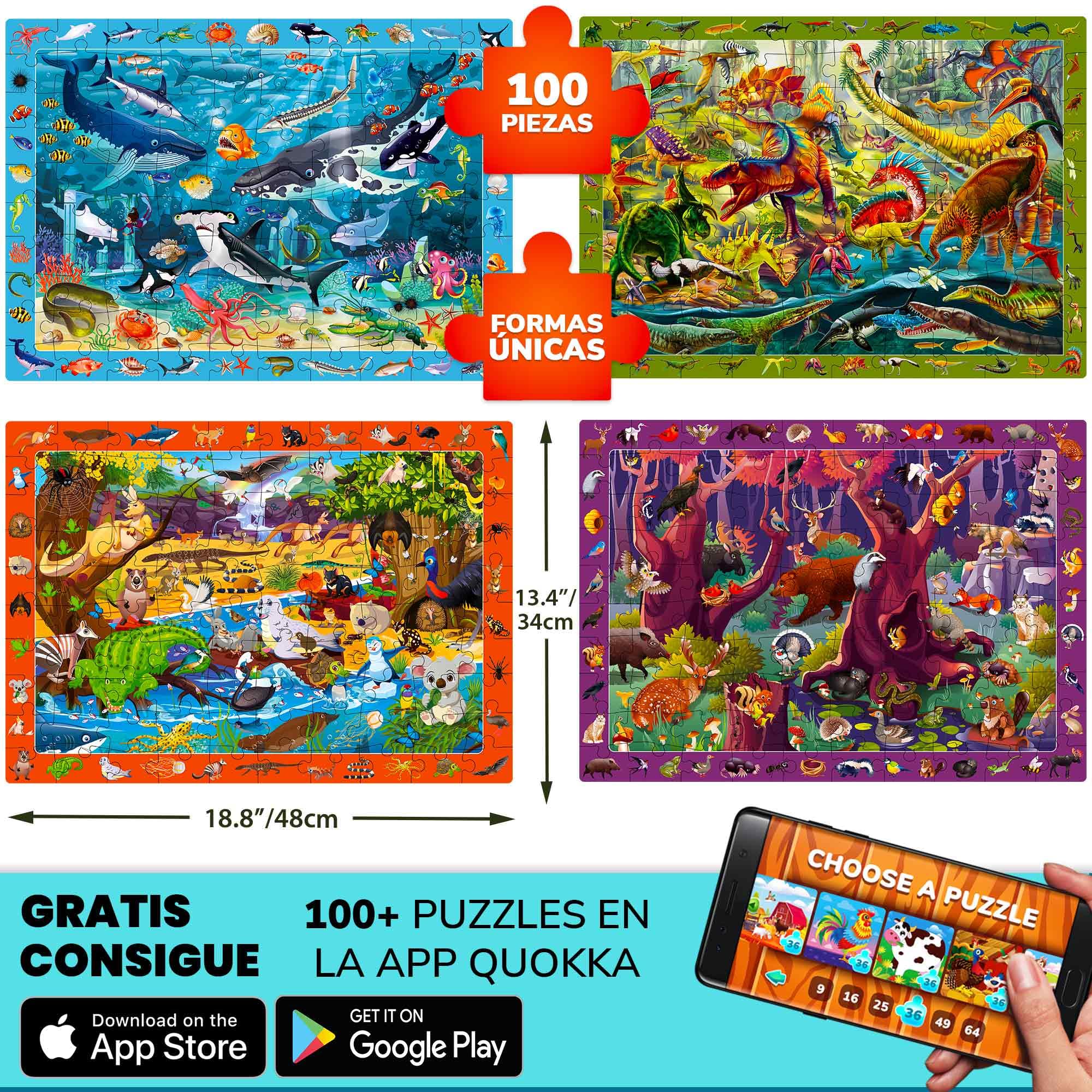 QUOKKA Rompecabezas de Suelo para Niños 3 4 5 Años – 3 Rompecabezas Grandes 100 Piezas – Juego con Animales y Dinosaurios – Juguetes Regalo para Niños y Niñas de 6 8 10 Años
