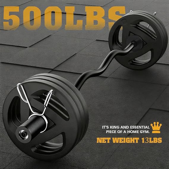 Olympic EZ Curl Bar 47-Inch - Chrome Curling Barbell for Biceps,Triceps,Arm Workouts,Compatible with 2Olympic Plates,Includes Spring Collars,Home Gym Strength Bar(500LB Capacity)