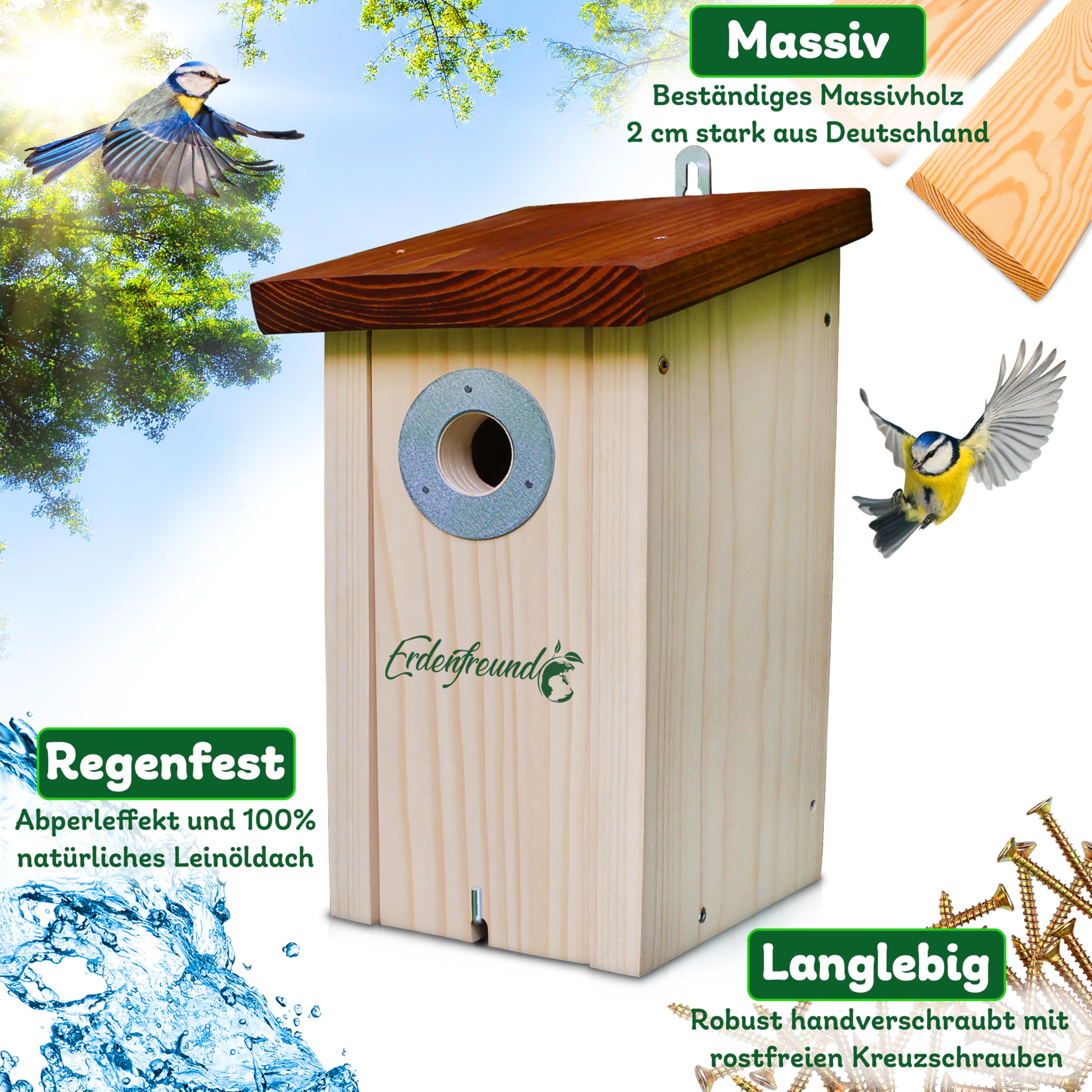 ERDENFREUND® Meisen Nistkasten 28mm Katzen-/Marderschutz innen Nistkasten für Vögel mit pickfestem Spechtschutz aus rostfreiem Metall