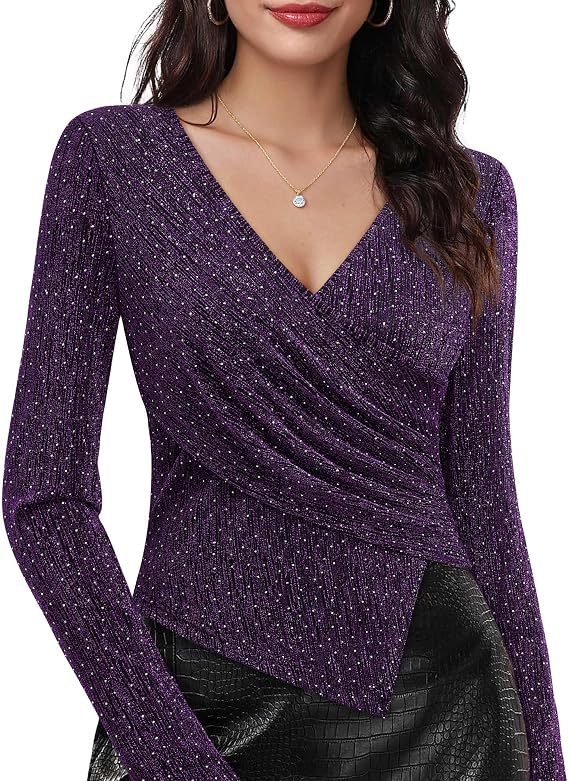 VALOLIA Womens Sparkly Tops Rhinestone Shiny Long Sleeve Ruched Asymmetrical Sparkle Blouses Cocktail Party Evening Shirts