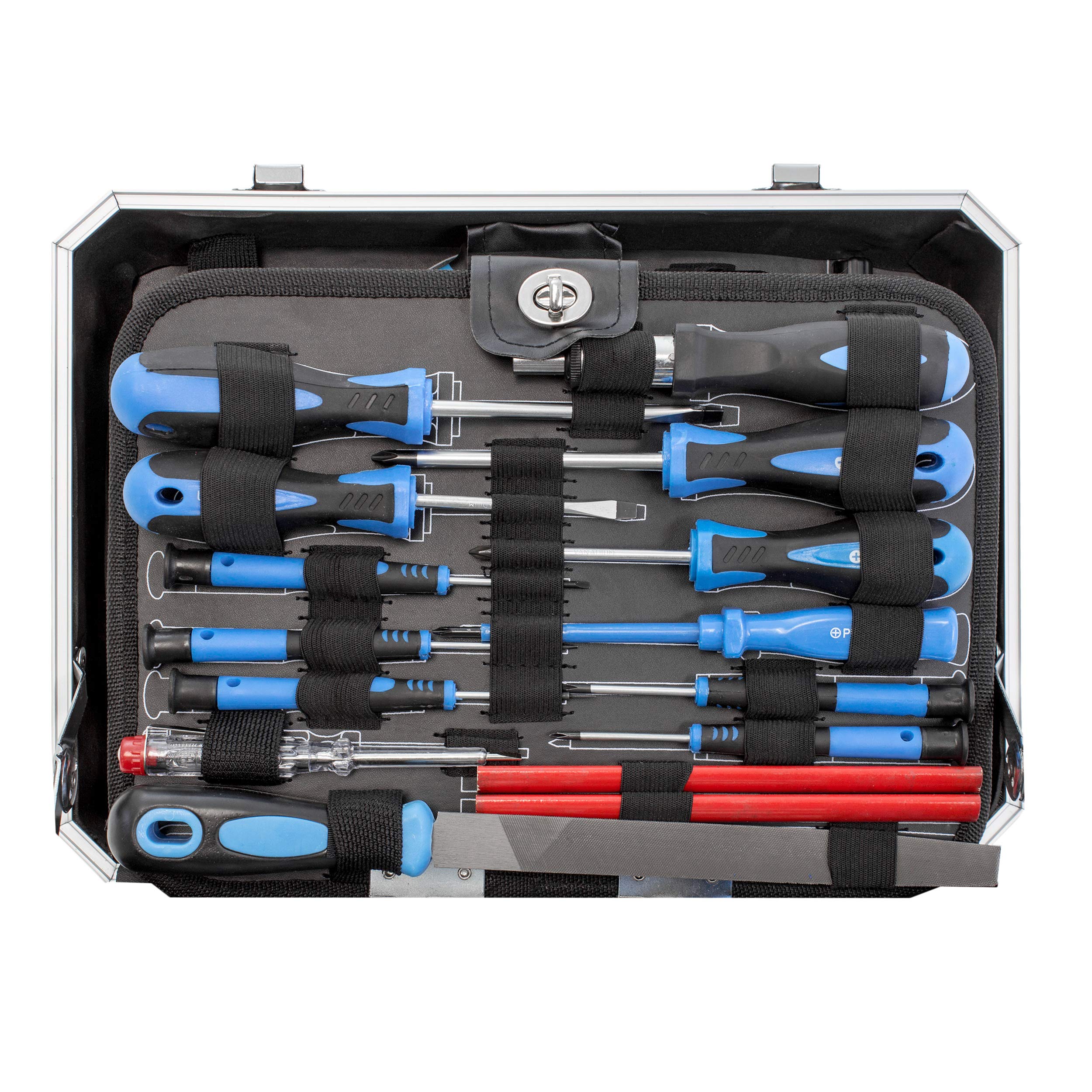 Karcher - Maletín de herramientas (114 piezas, acero al carbono y acero al cromo vanadio, con martillo, destornillador, llave de vaso, juego de puntas, linterna, etc.)