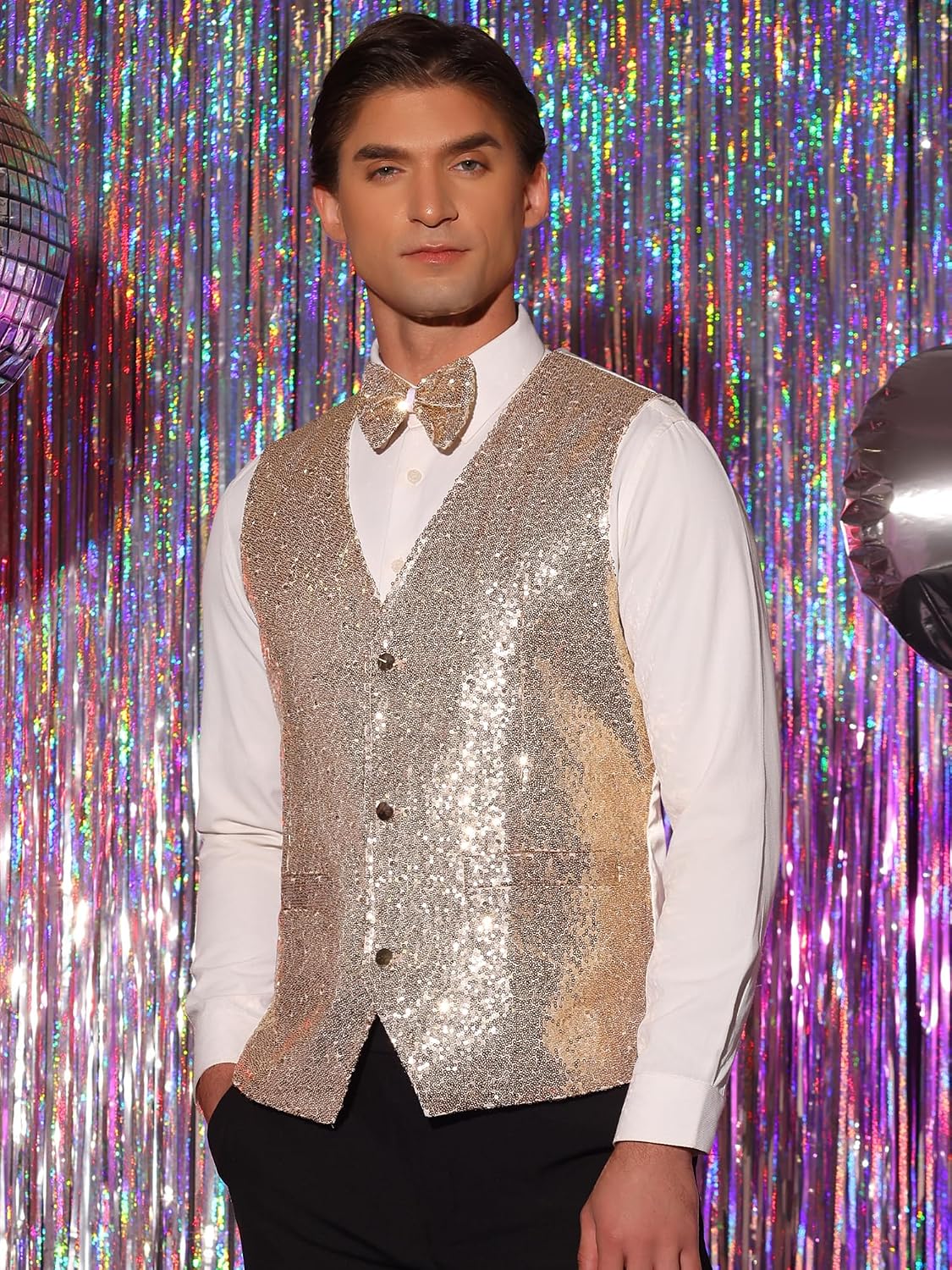 Lars Amadeus Men's Sequin Shiny Slim Fit Vest Sleeveless Suit Waistcoat Set with Bow Tie