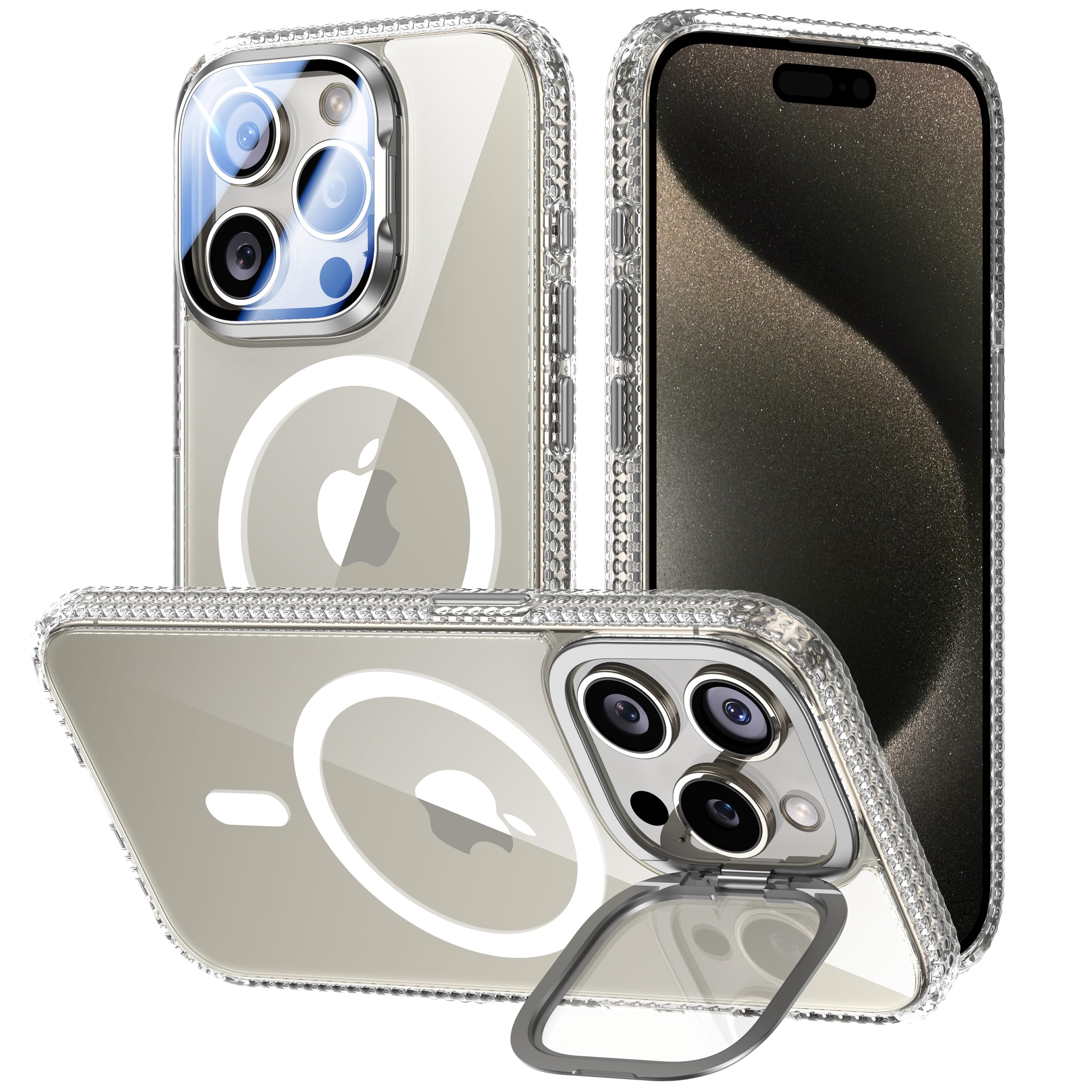 [upgraded] for iphone 15 pro case with camera cover stand [fit for magsafe][9h camera lens protector] mil-grade protection transparent magnetic iphone 15 pro phone case, clear