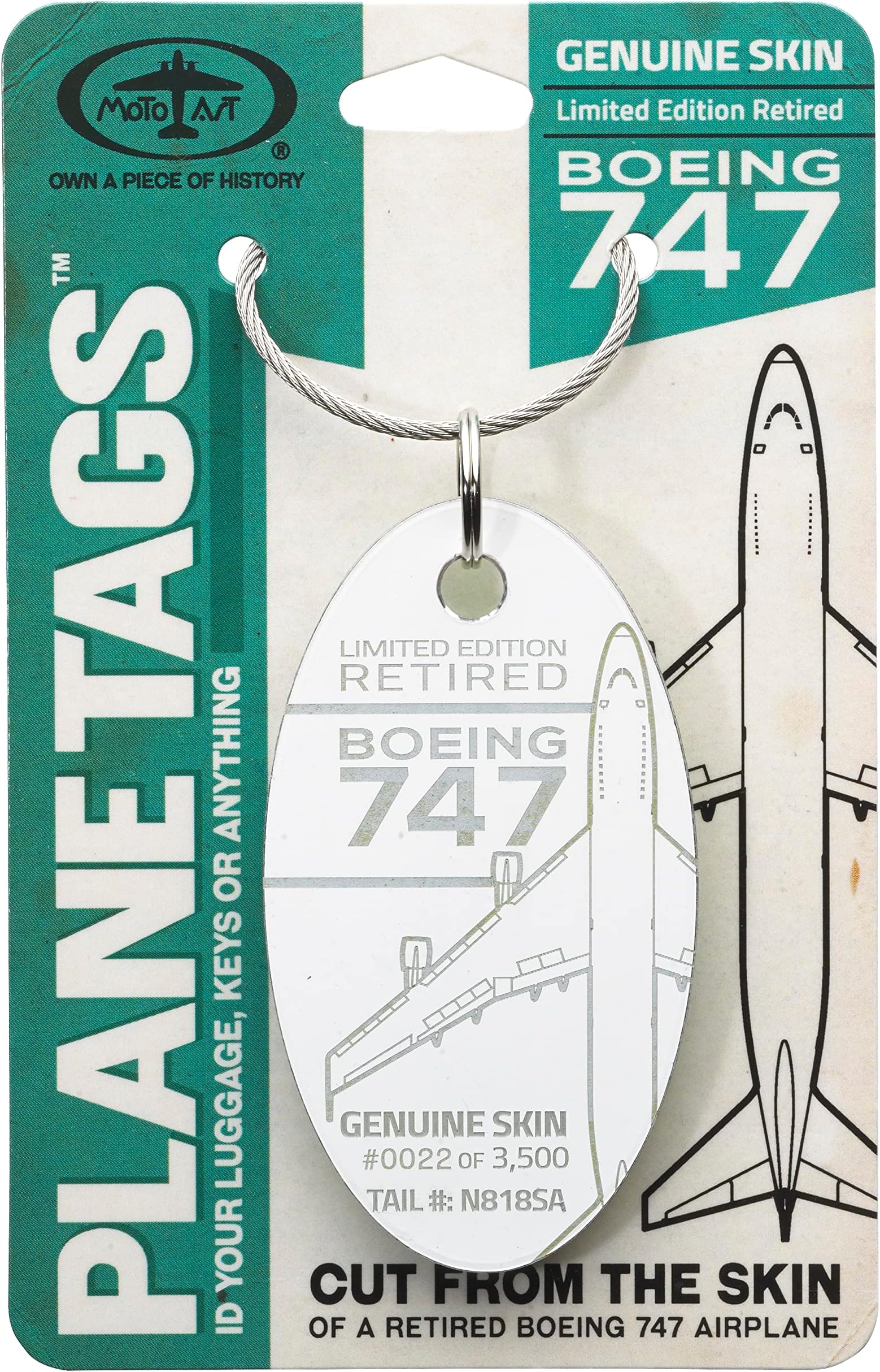 PlaneTags B747 White | Genuine Aircraft Skin | Keychains | Luggage Tags | Tail# N818SA| Gifts for Avgeeks | Gifts for Pilots