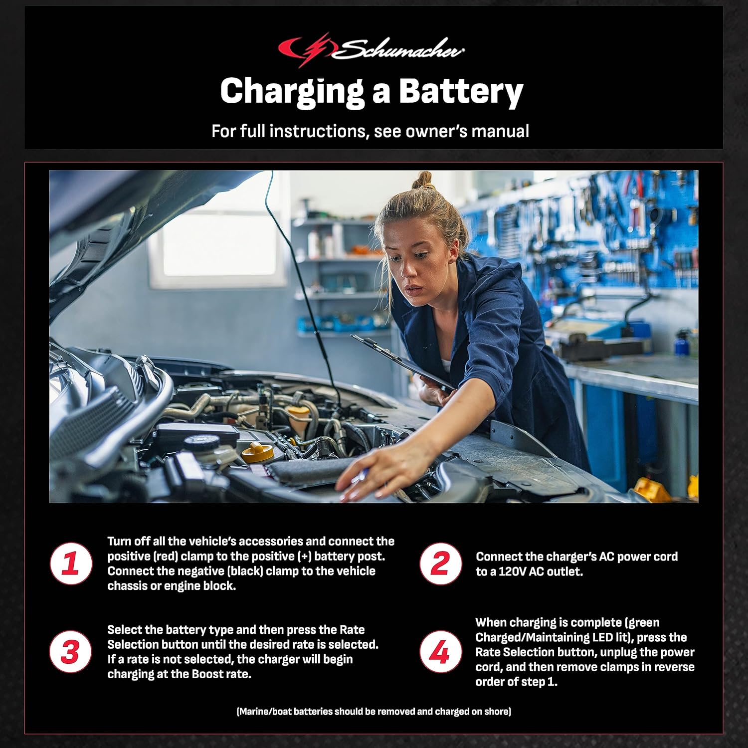 Step-by-step instructions for charging a battery using the Schumacher SC1308 Starter/Charger
