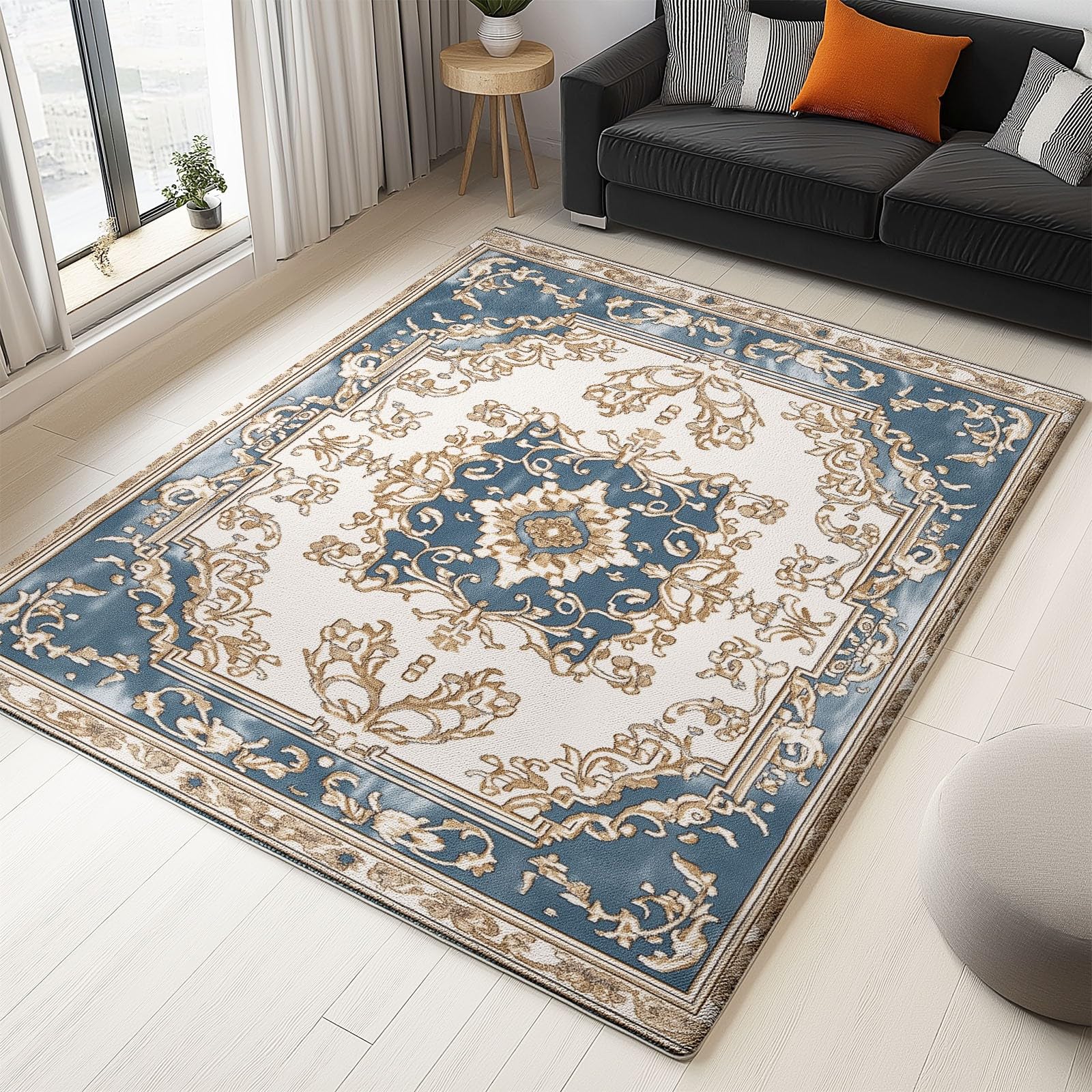 Dywan do salonu z krótkim włosiem Proste luksusowe kwiaty zmywalny design, dywaniki antypoślizgowe w różnych rozmiarach, dywaniki do salonu sypialni 120 x 180 cm, jasnoniebieski