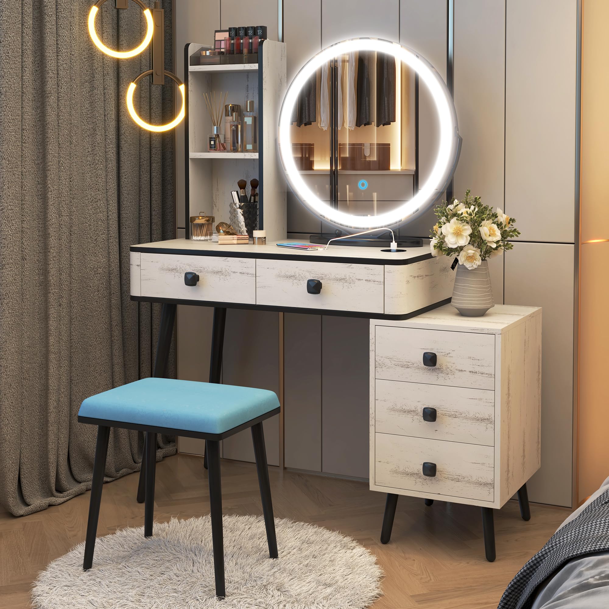 LVSOMTVanity Desk with Mirror and Lights, Makeup Vanity Table with 3-Color Lights & Charging Station, Vanity Set with 5 Drawers, Vanity Table with Stool for Women Girls (Wood White)