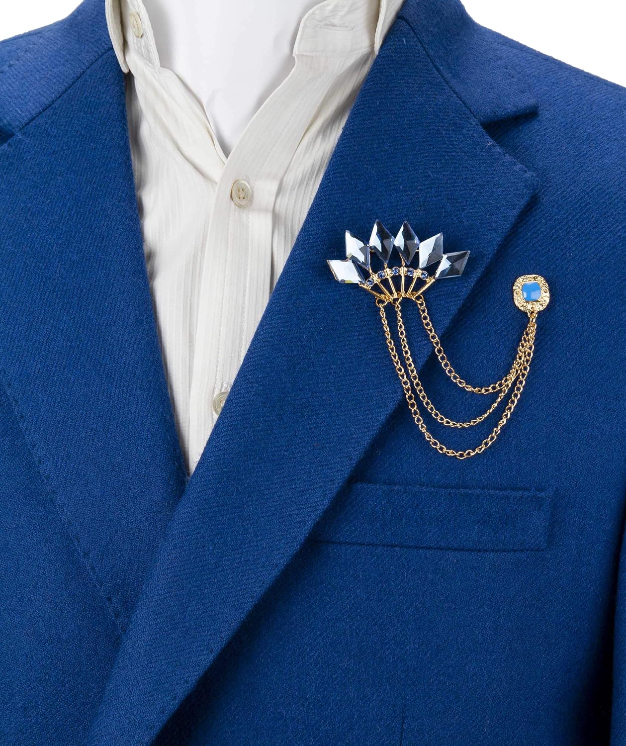 A N KINGPiiN Lapel Pin for Men Gold and Blue Stone Crown with Hanging Chain and Square Blue Stone Brooch Costume Pin Shirt Studs Men's Accessories