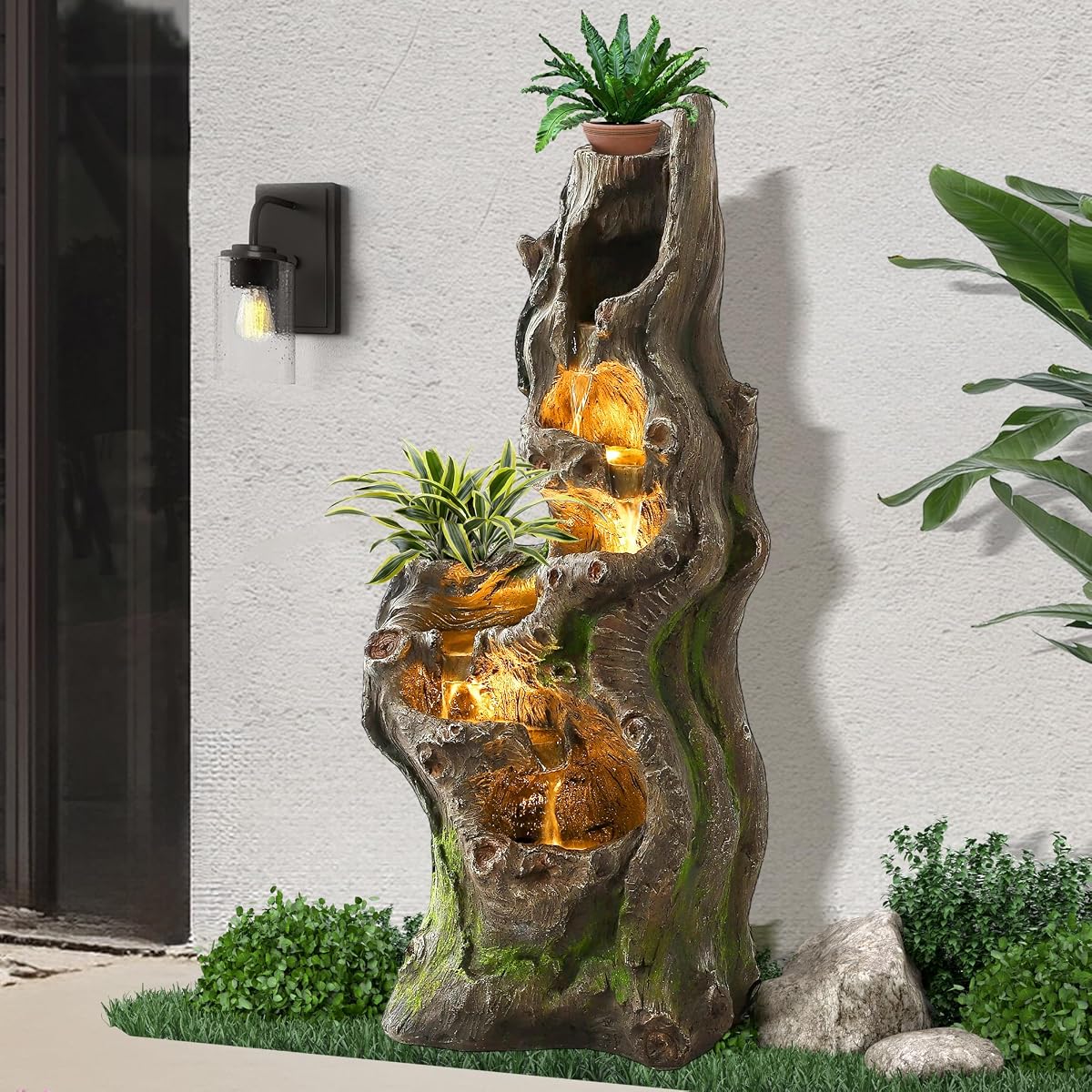 Fuente de agua de 40 pulgadas de alto para exteriores, fuente de cascada de 6 niveles con luces | Gran tronco de árbol en cascada para jardín, fuente de agua independiente de resina para interiores con maceta para patio, patio trasero, terraza, porche