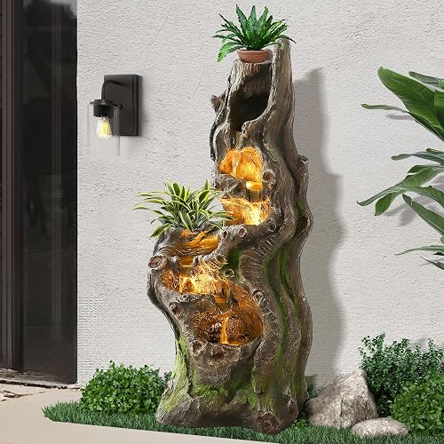 40" H Garden Water Fountain Outdoor, 6-Tiers Large Cascading Tree Trunk Waterfall Fountain with Lights, Indoor Freestanding Resin Water Feature for Patio, Backyard Deck, Porch and Home Decor