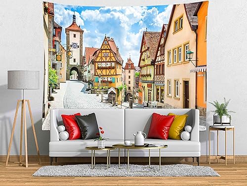 Miniatura 3 de BELECO Tapiz de calle de pueblo alemán, tapiz de Oktoberfest de 106 x 70 pulgadas, tapiz de Rothenburg Baviera, Alemania, tapiz para colgar en la