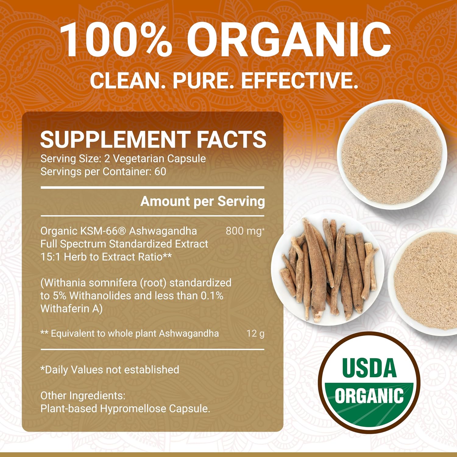 True Veda USDA Organic KSM-66 Ashwagandha Supplements | Organic Ashwagandha for Women & Men | High Strength KSM 66 Capsules | Premium Aswagandha | Ashwaganda Root Extract | 60 Capsules