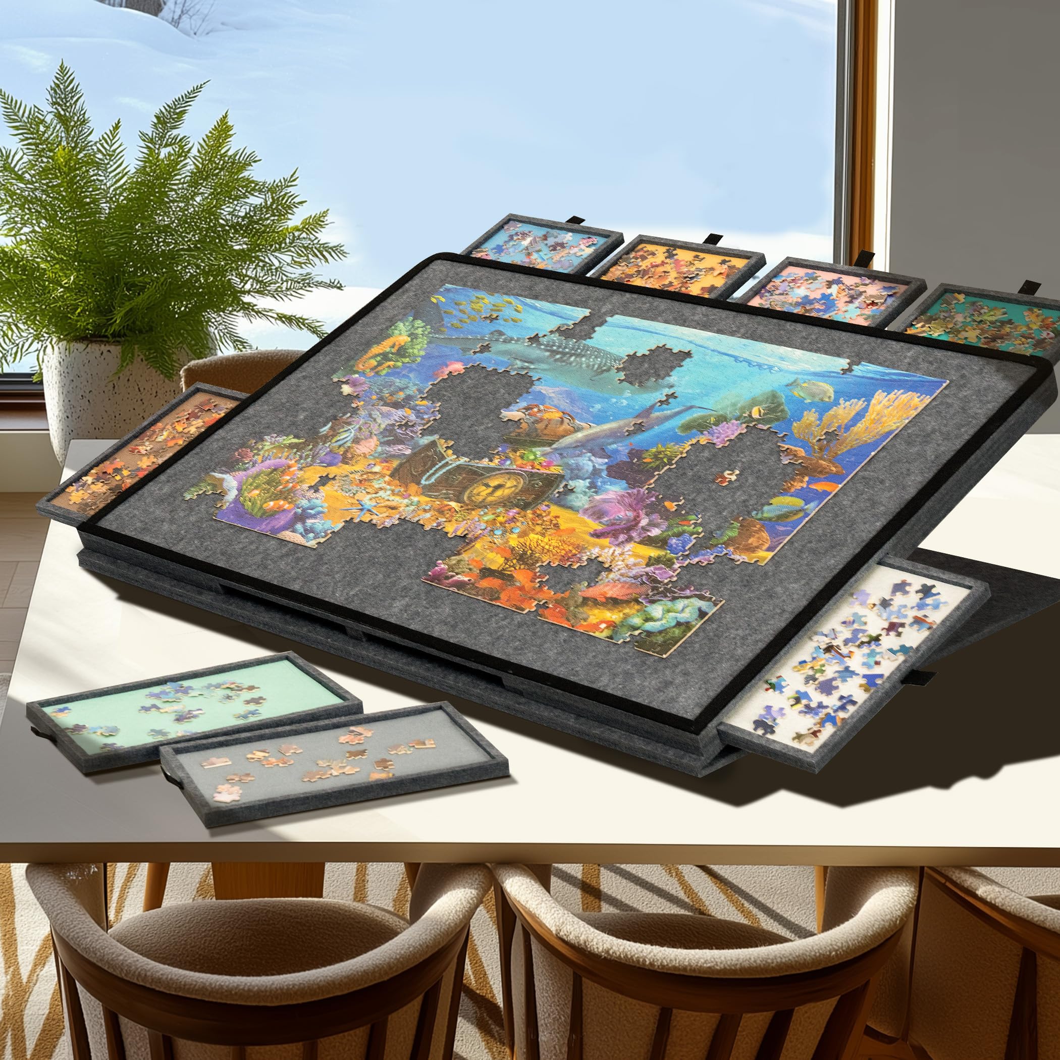 Becko US Tablero de rompecabezas inclinable con soporte y cubierta 2 en 1, estuche de almacenamiento de fieltro ligero con 8 cajones para adultos y niños, mesa de rompecabezas portátil para juegos de