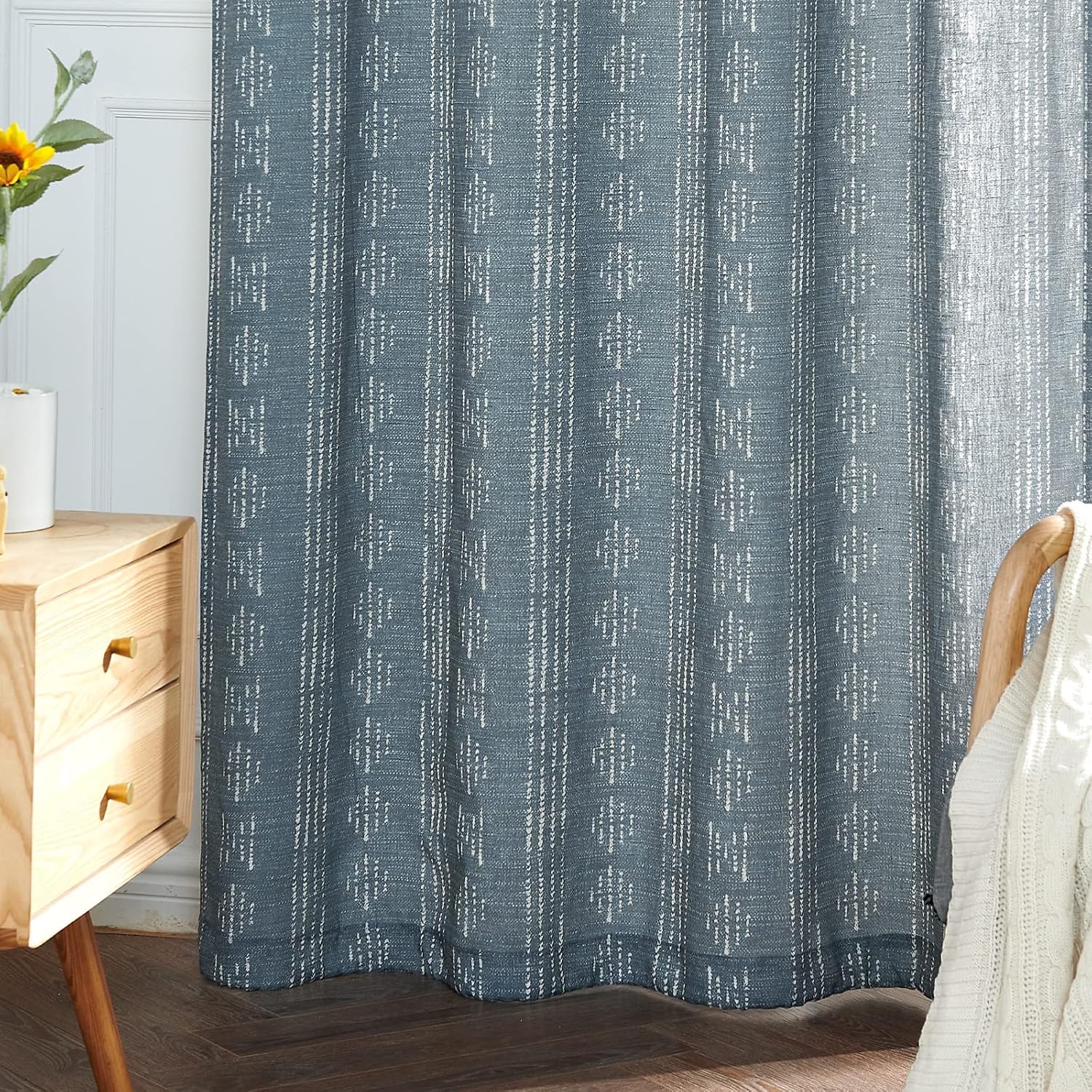 jinchan Boho Curtainsfor Living Room Blue Farmhouse Curtains 72 Inch Length Geometric Striped Patterned Mudcloth Light Filtering Bedroom Window Grommet Curtains 2 Panels Blue on Beige