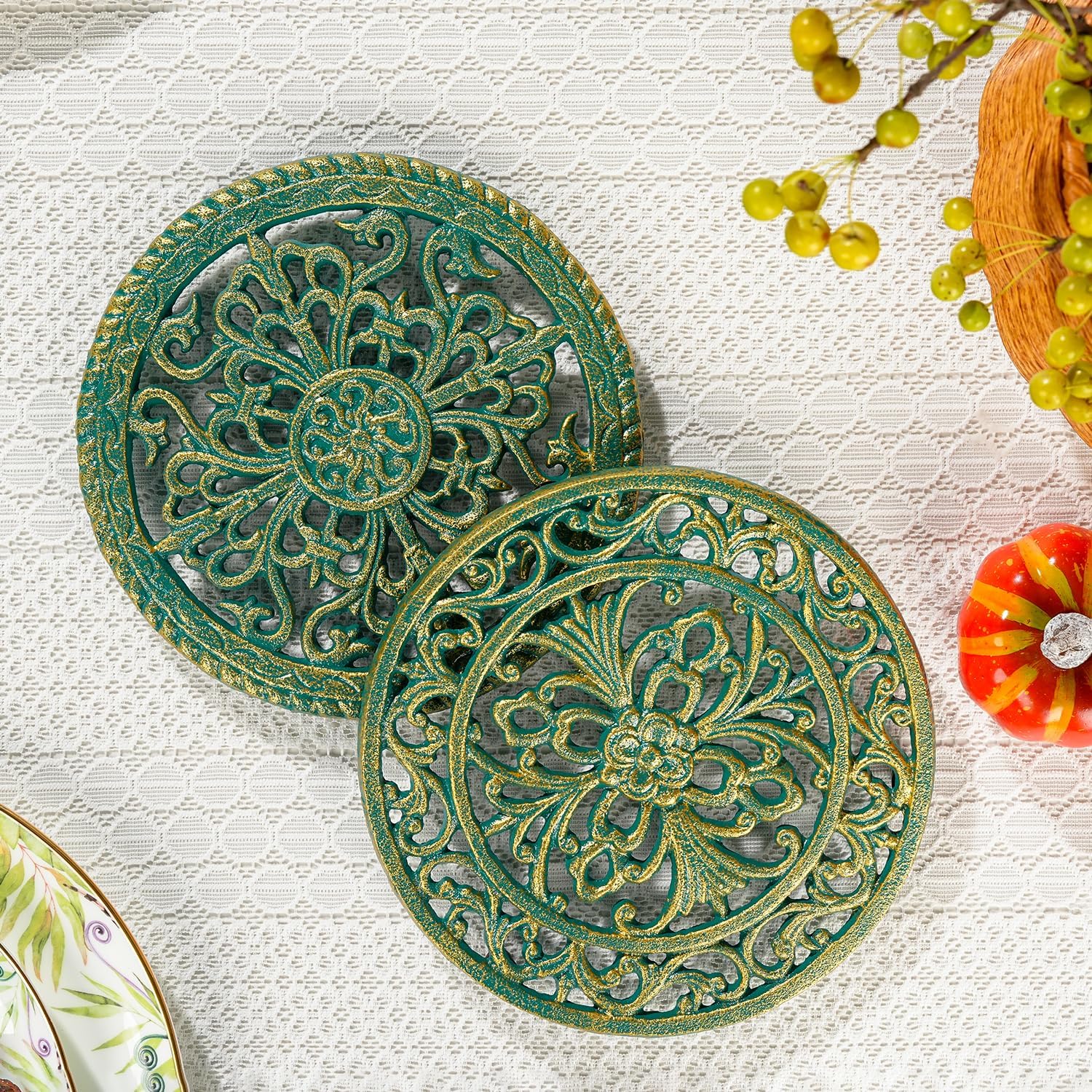 Sungmor 2 Pack Cast Iron Trivets for Hot Dishes - Round Decorative Metal Pot Plate Holder, Heat Resistant Table & Counter Protector for Kitchen and Dining - Vintage Scroll Pattern, Teal Finish