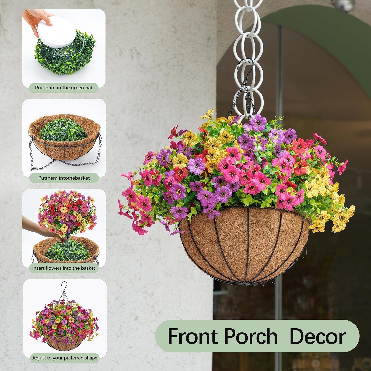 Der Rose Artificial Hanging Flowers Basket for Outdoors Fake Hanging Plants Spring Summer Decoration UV Resistant for Garden Front Porch Patio Balcony Decor - Image 4